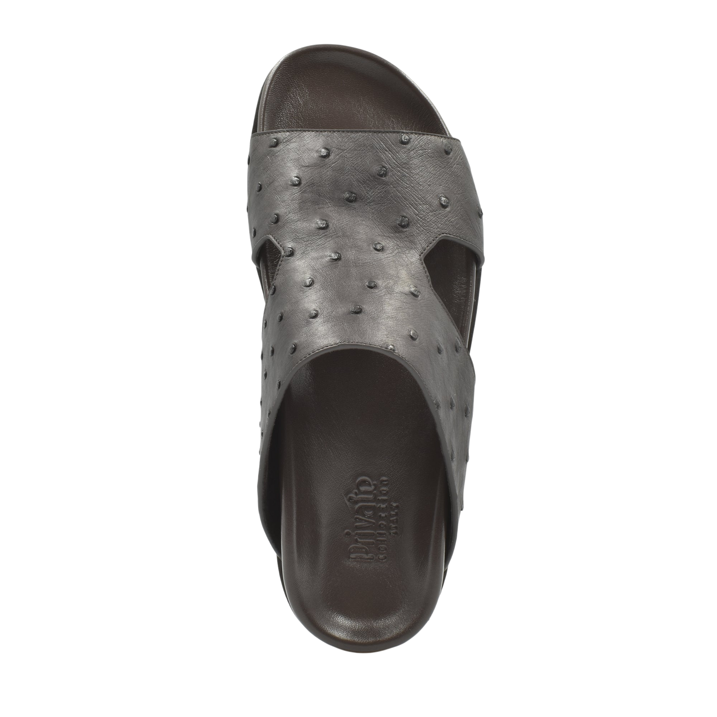 Premium ostrich leather footwear slide sandal in dark brown with textured surface from Private Collection