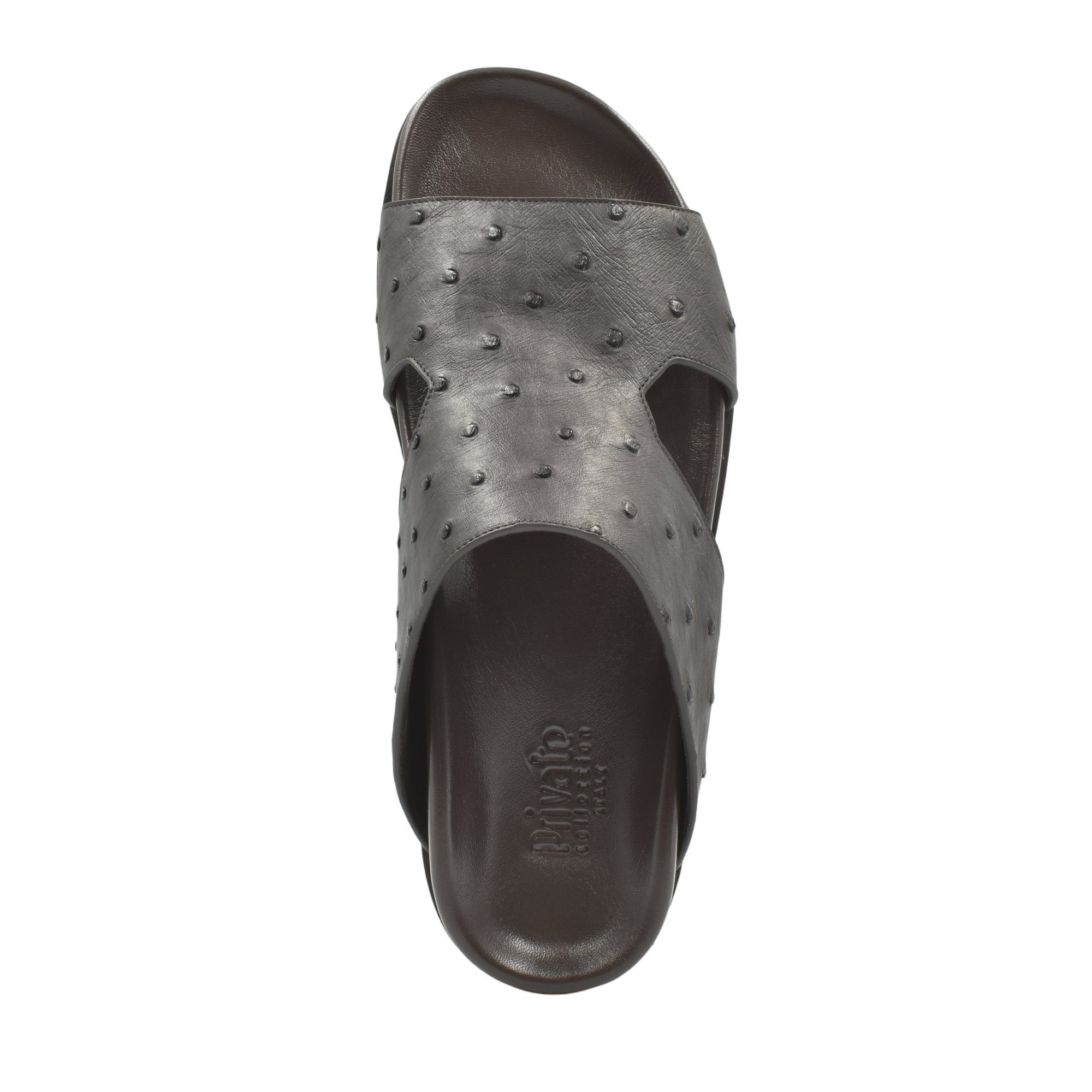 Premium ostrich leather footwear slide sandal in dark brown with textured surface from Private Collection