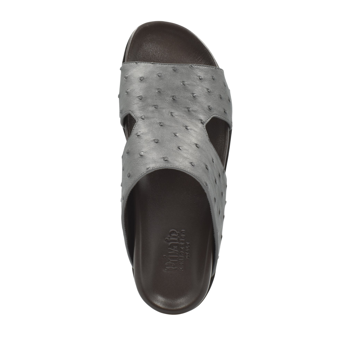 Premium ostrich leather footwear slip-on sandal with textured gray upper and dark brown sole