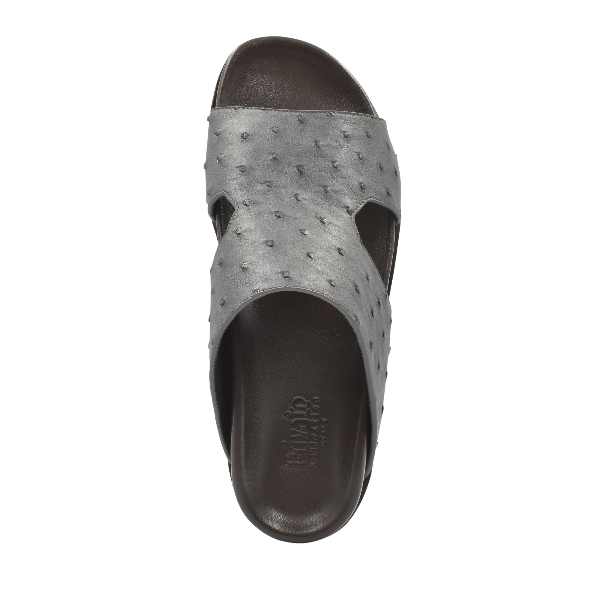 Premium ostrich leather footwear slip-on sandal with textured gray upper and dark brown sole