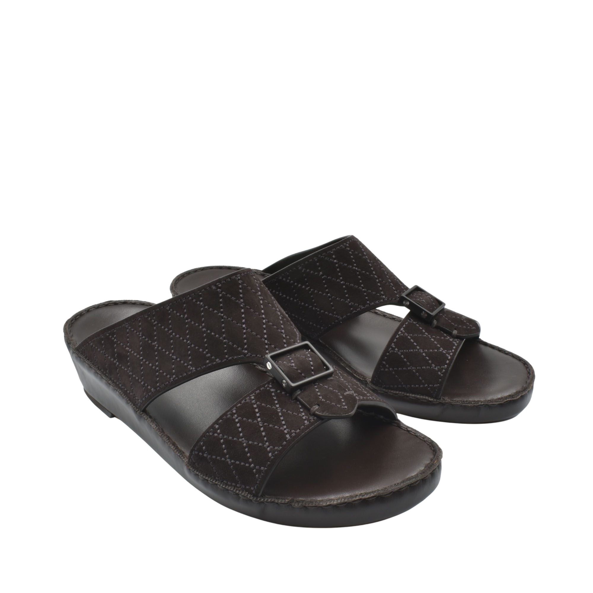 Black premium suede sandals with quilted straps and adjustable buckle from Private Collection