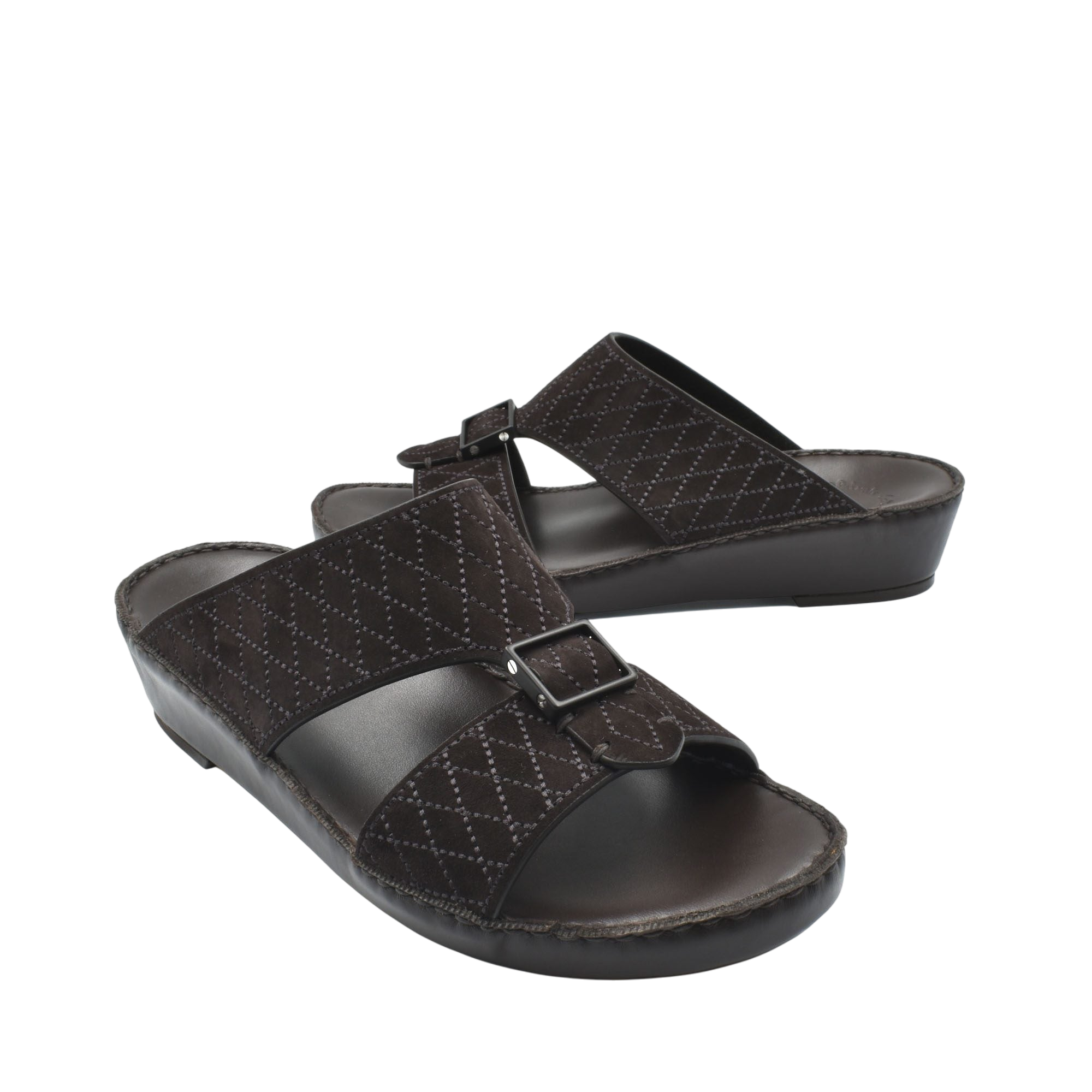 Pair of black premium suede sandals with adjustable buckle straps and cushioned sole