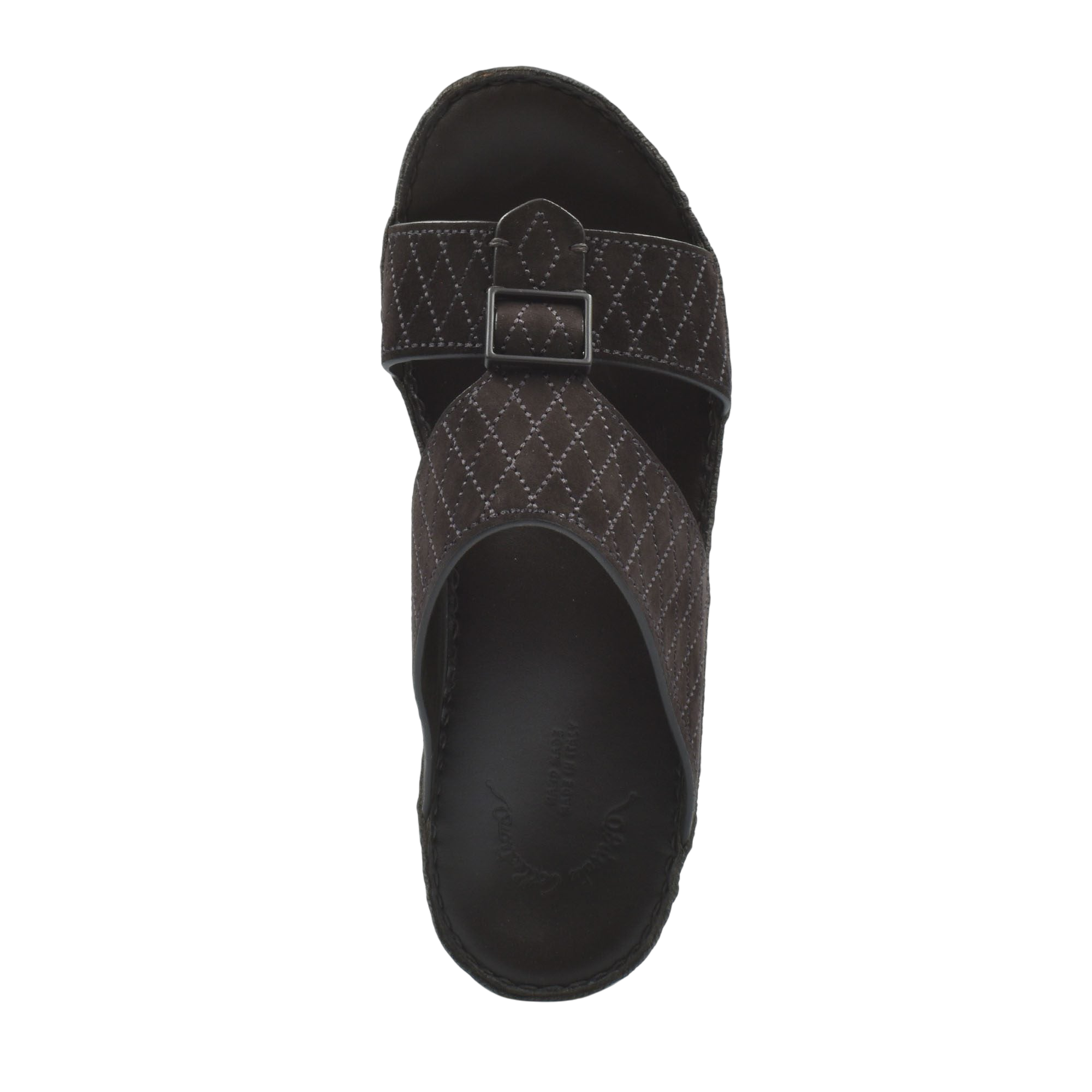 Top view of black premium suede sandals with stitched pattern and adjustable buckle strap