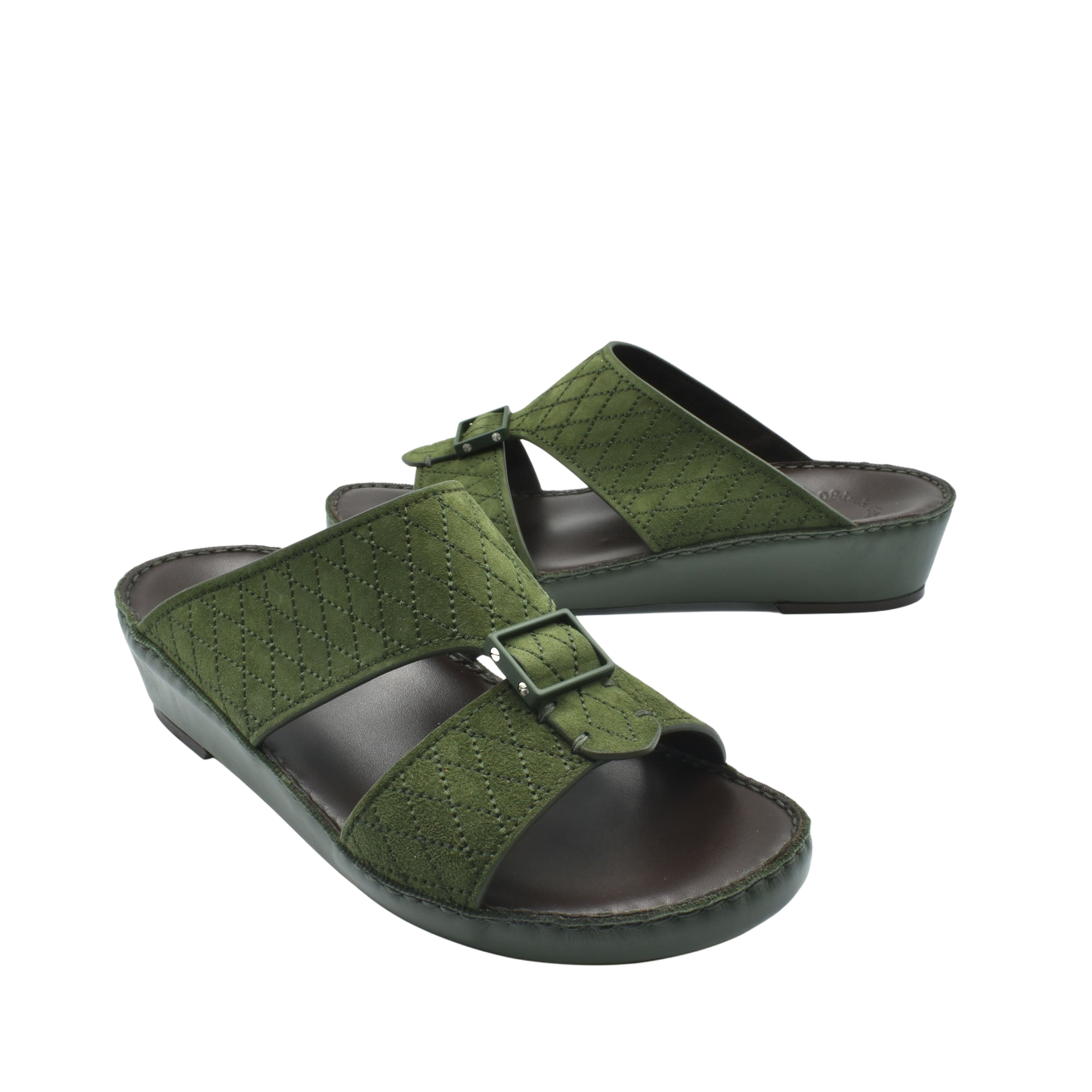 Green premium suede sandals with dual buckle straps and cushioned sole for comfort