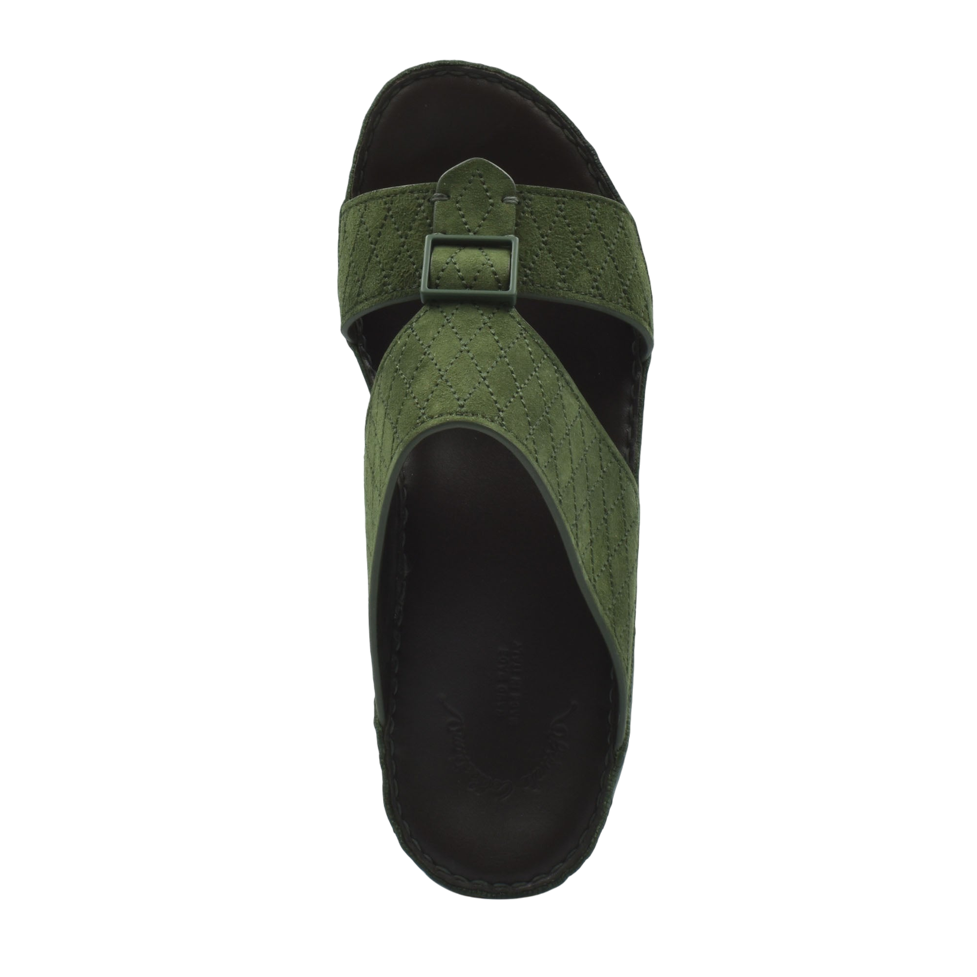 Green premium suede sandals with buckle strap and cushioned black sole for comfort