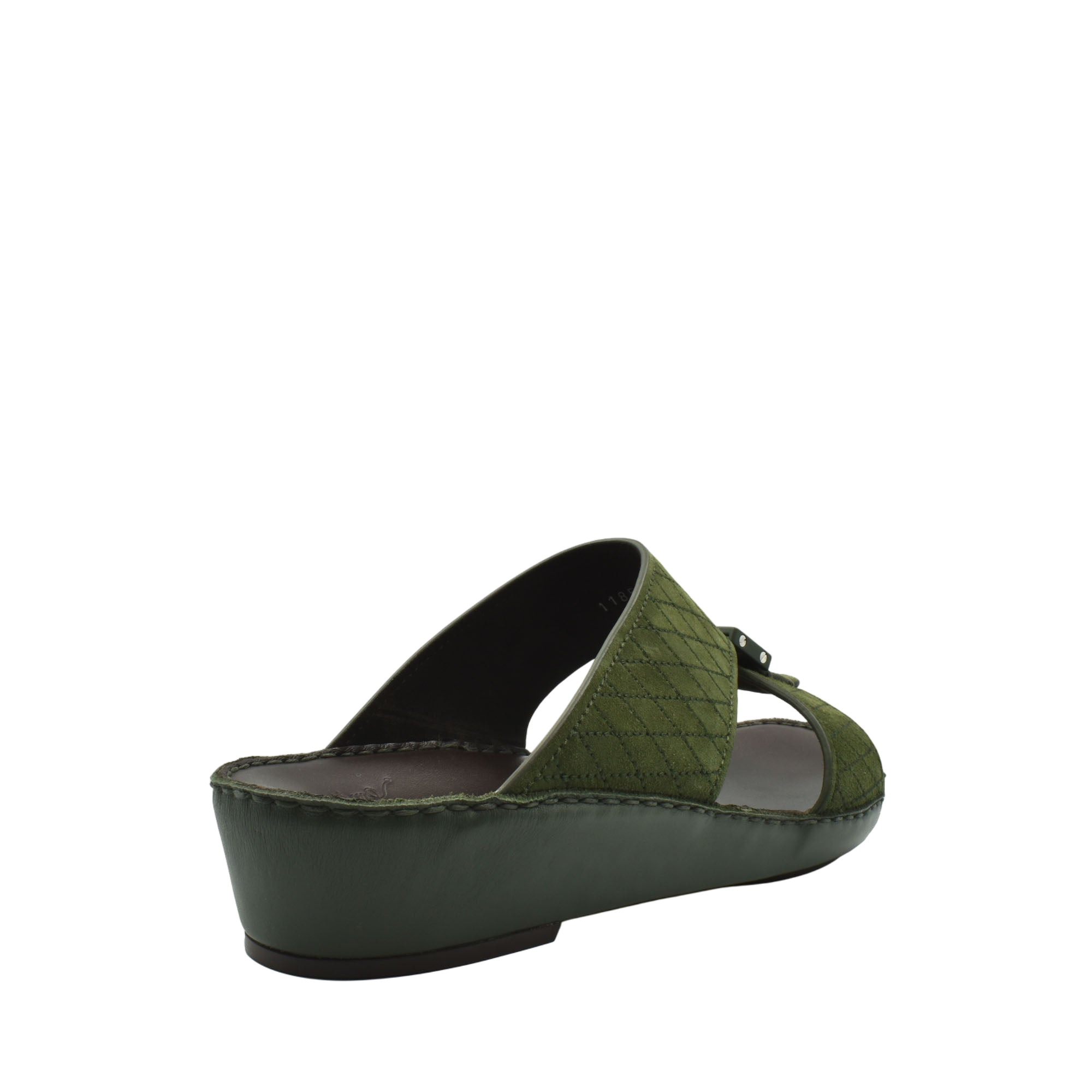 Green premium suede sandals with a low wedge heel and open toe design for comfortable wear