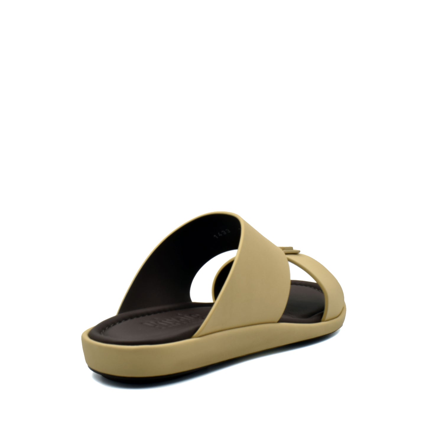 Beige prestige casual footwear slide sandal with cushioned black footbed and open toe design