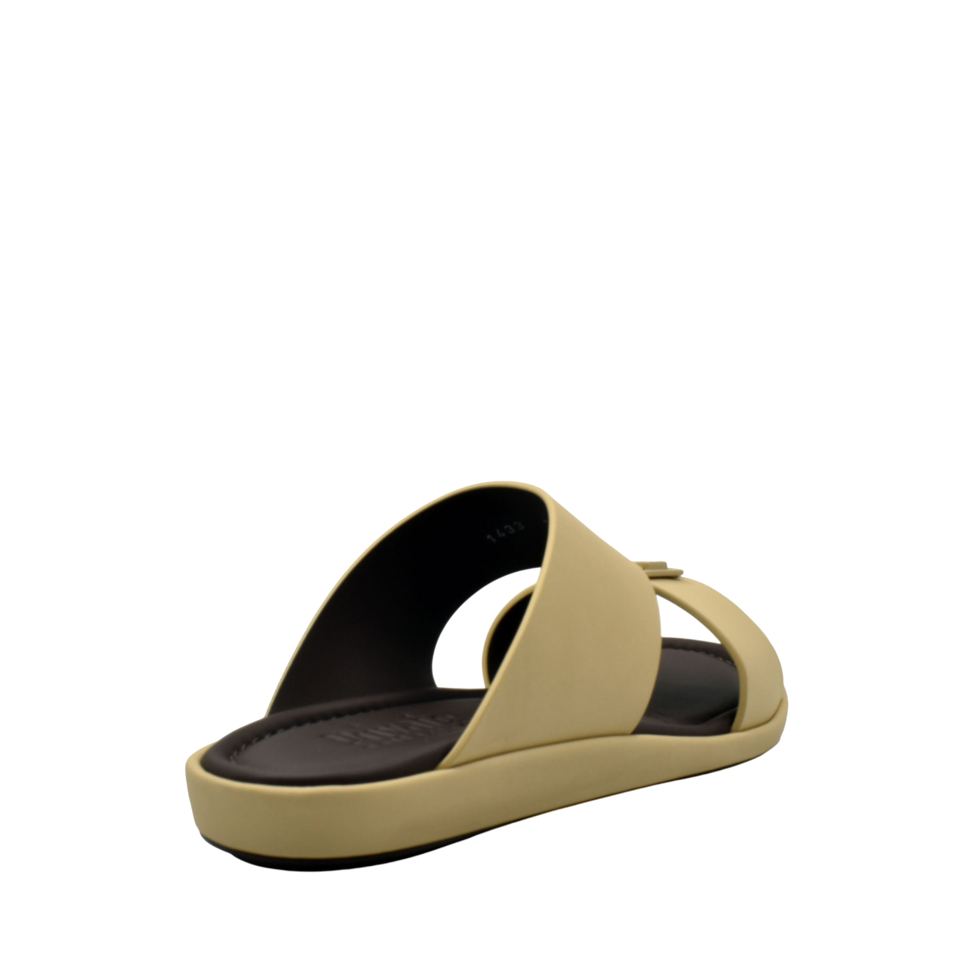 Beige prestige casual footwear slide sandal with cushioned black footbed and open toe design