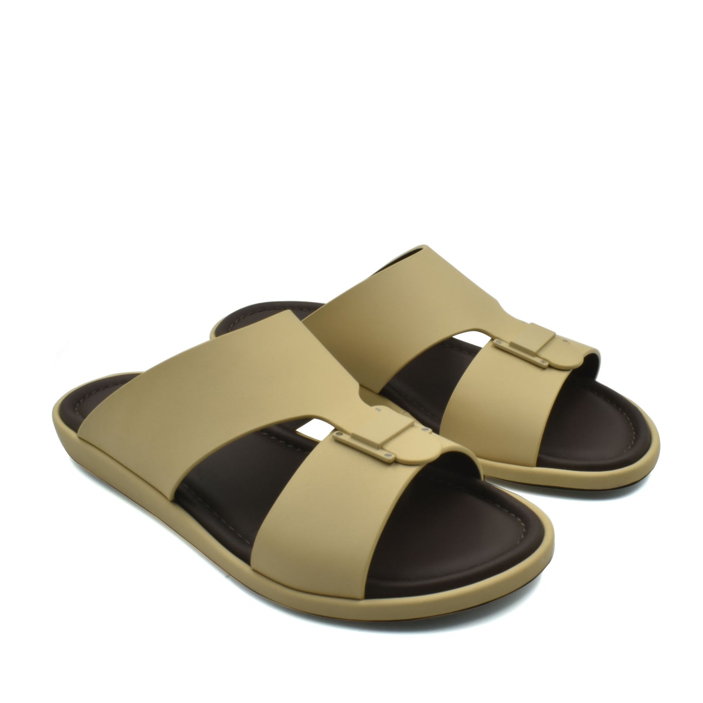 Beige open-toe slides with brown footbed from Private Collection prestige casual footwear