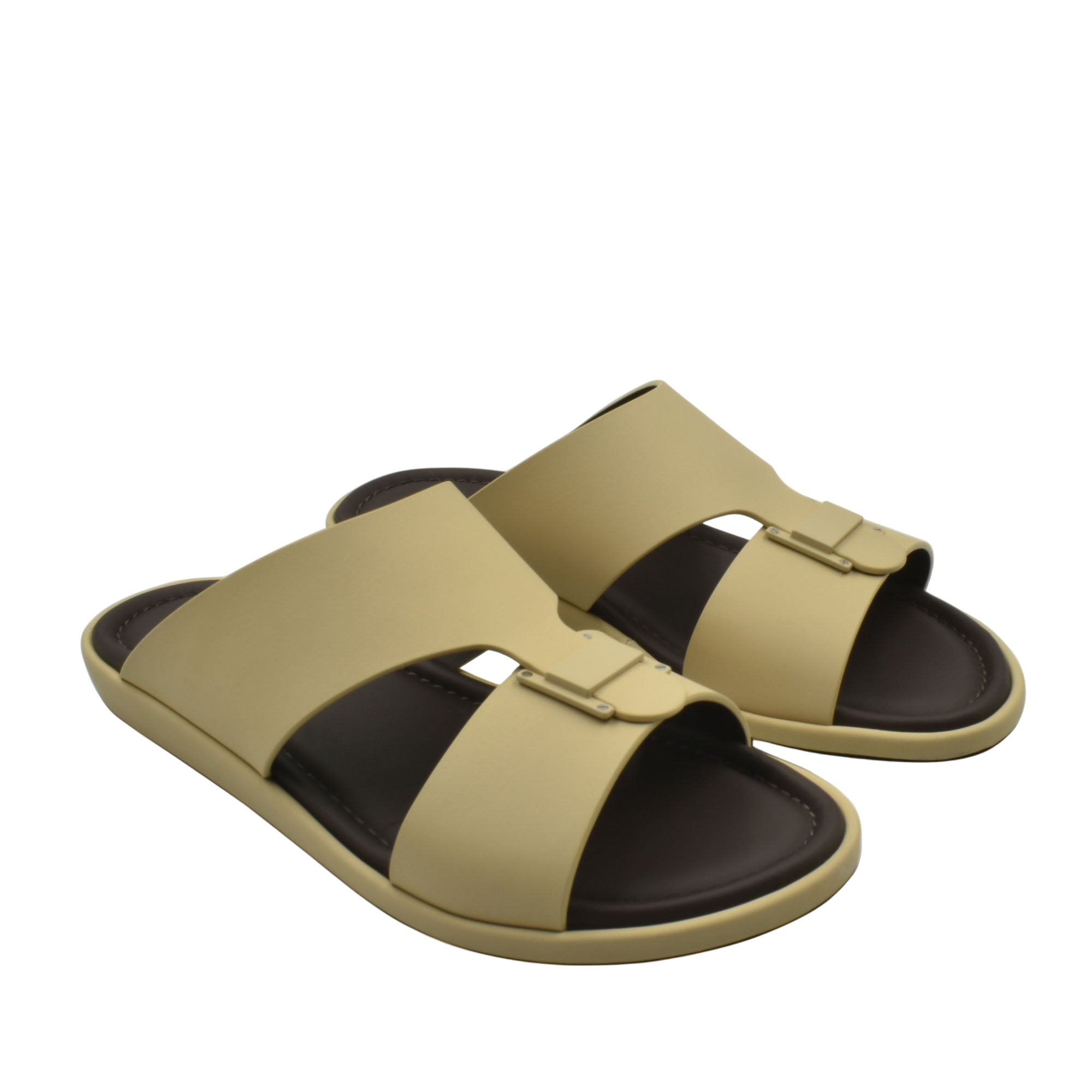 Beige open-toe slides with brown footbed from Private Collection prestige casual footwear