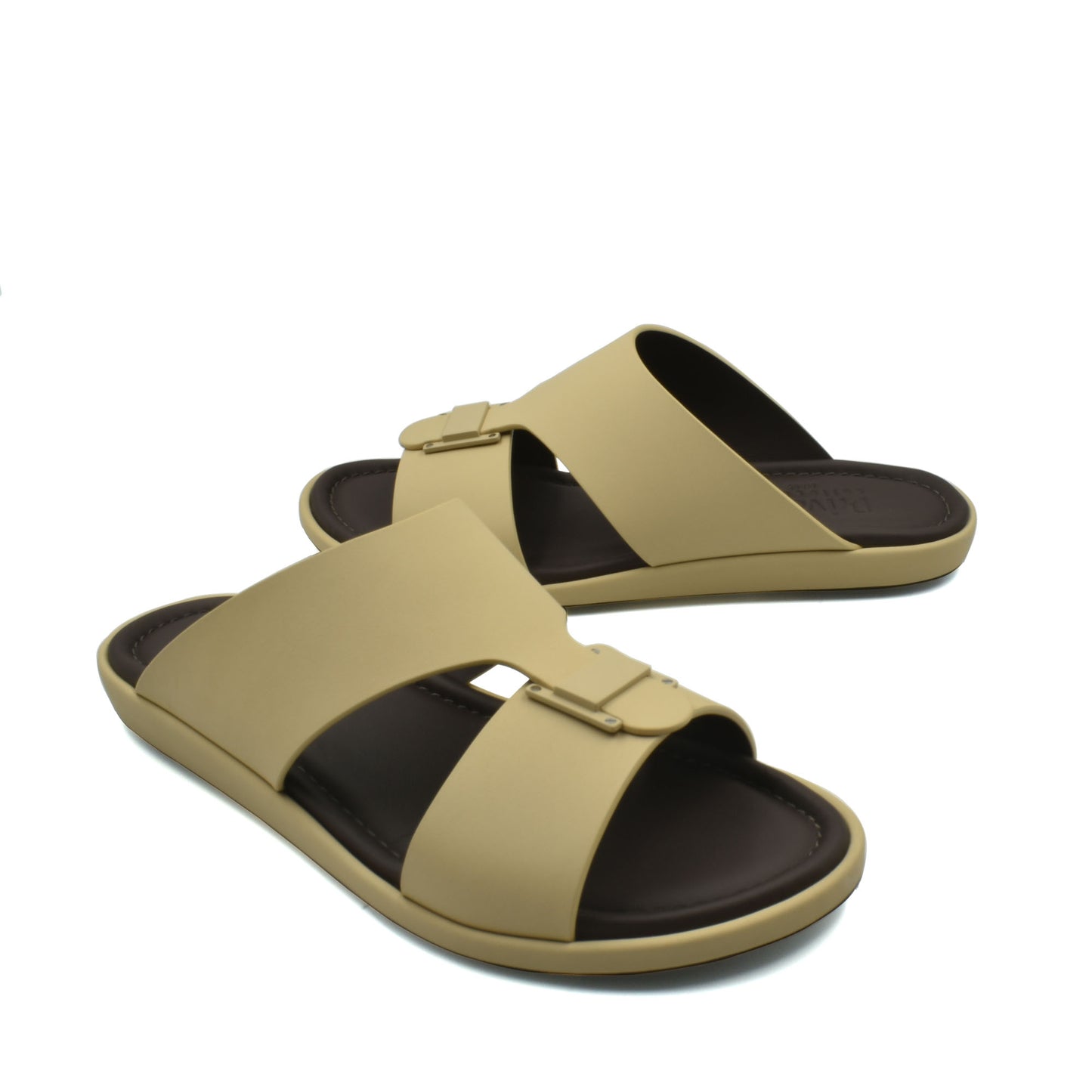 Beige and brown slip-on sandals from Private Collection featuring prestige casual footwear design with buckle straps