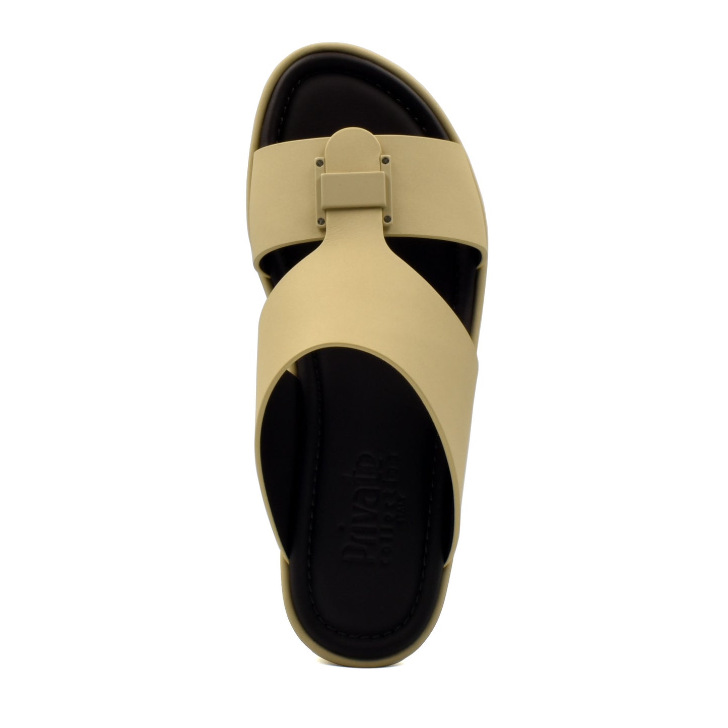 Beige and black slip-on sandal designed as prestige casual footwear with comfortable straps