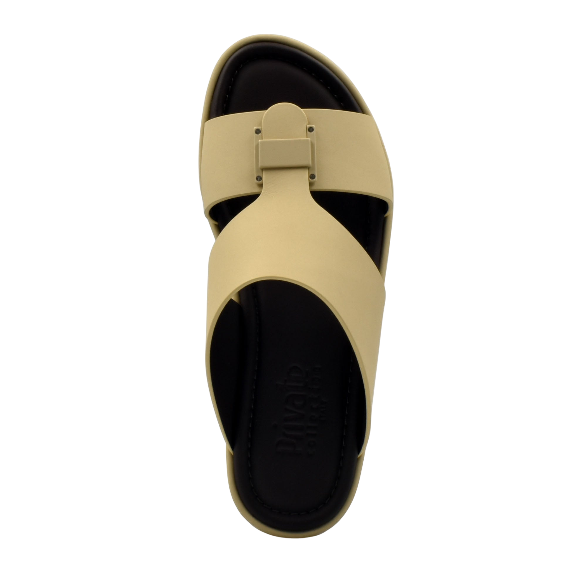 Beige and black slip-on sandal designed as prestige casual footwear with comfortable straps