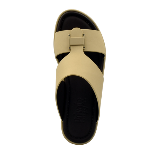 Beige and black slip-on sandal designed as prestige casual footwear with comfortable straps