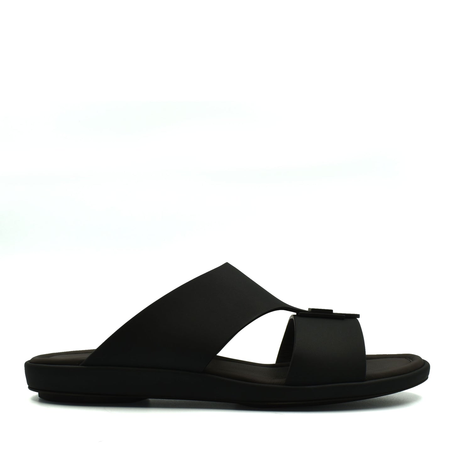 Black slip-on prestige casual footwear sandal with wide straps and cushioned sole