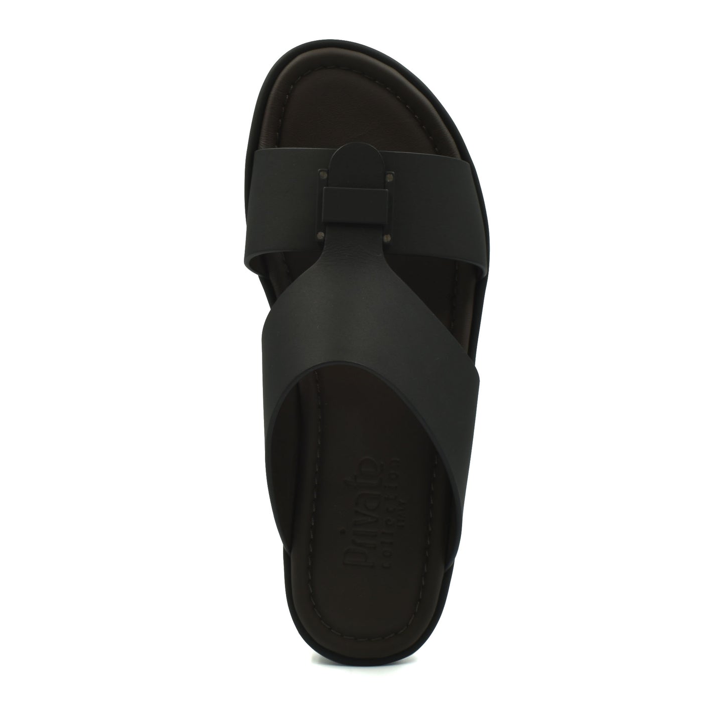 Black leather slide sandal from Private Collection prestige casual footwear with wide straps