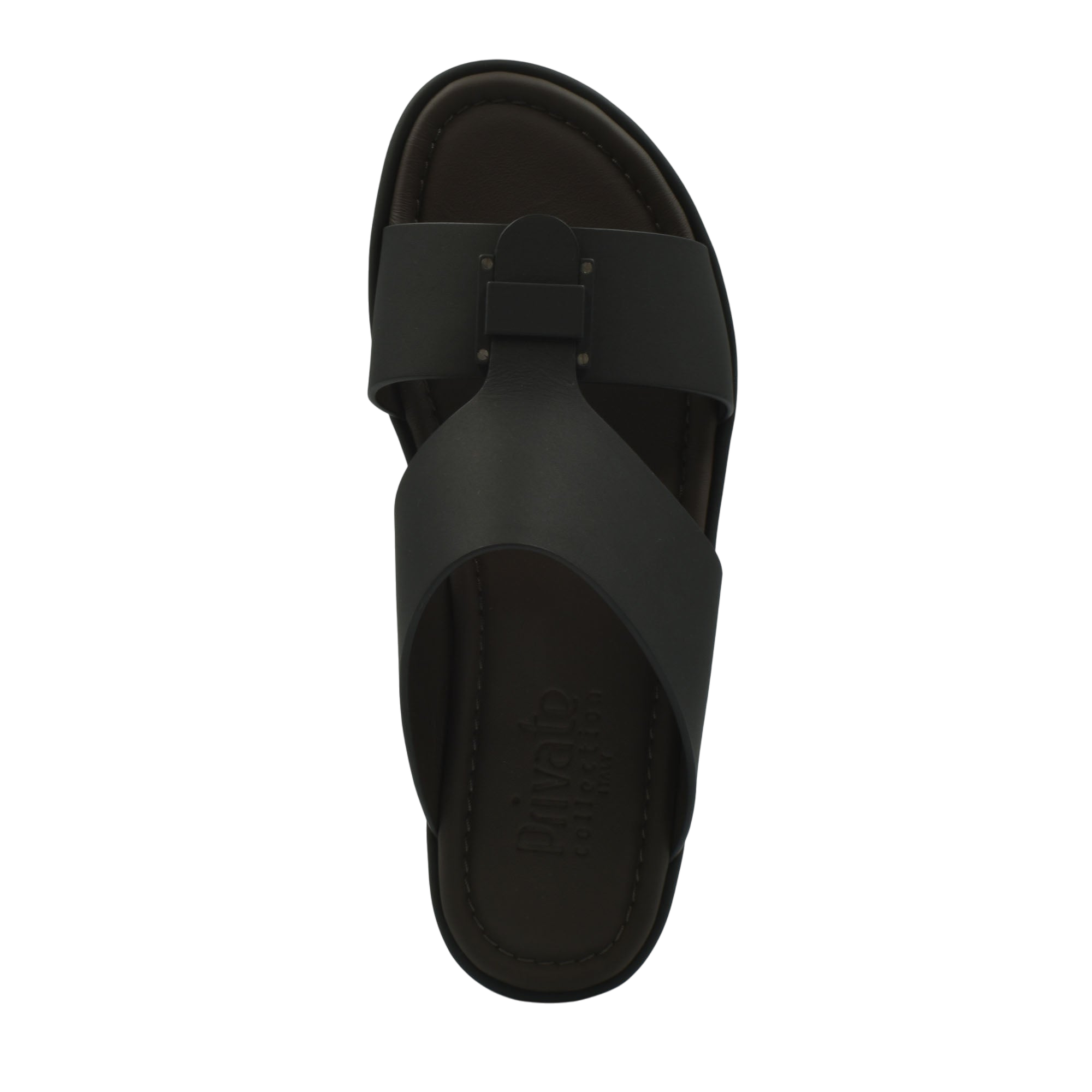 Black leather slide sandal from Private Collection prestige casual footwear with wide straps