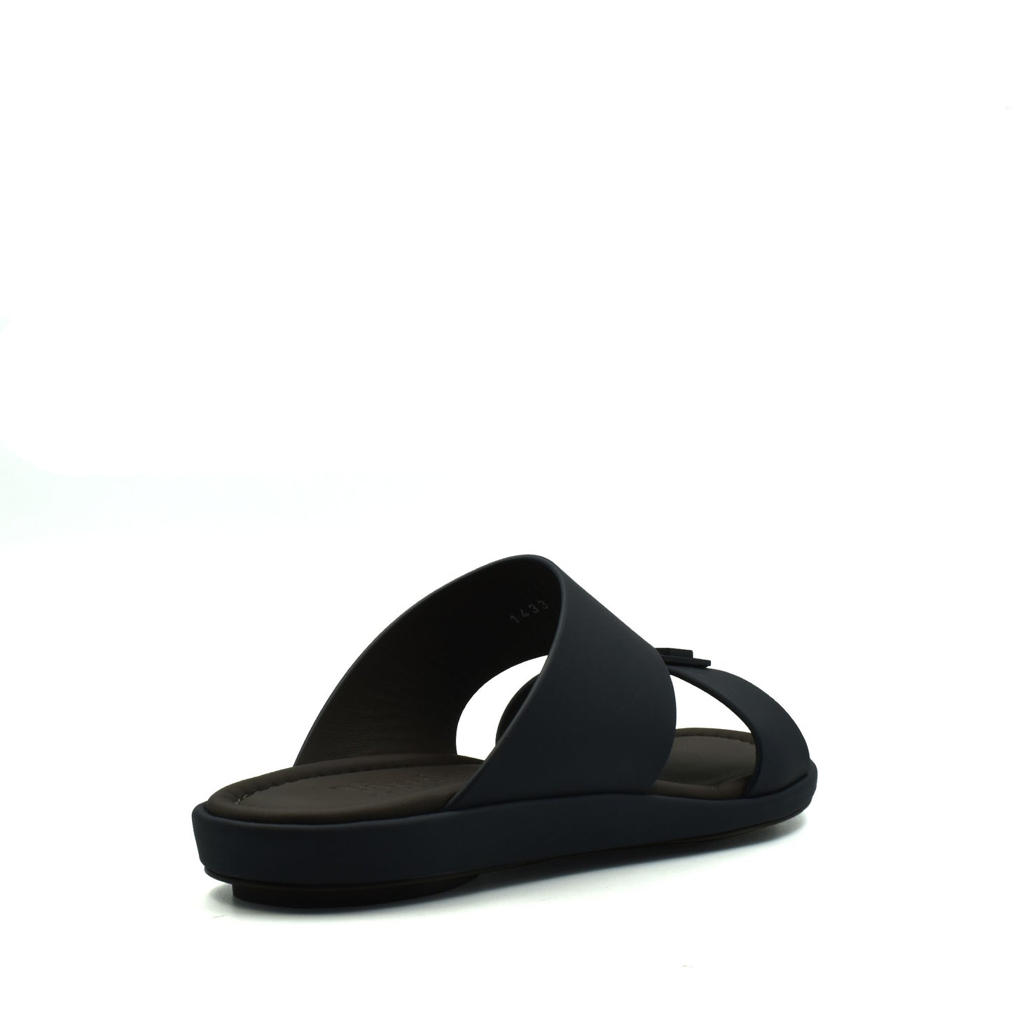 Black slip-on prestige casual footwear sandal with cushioned sole and sleek design