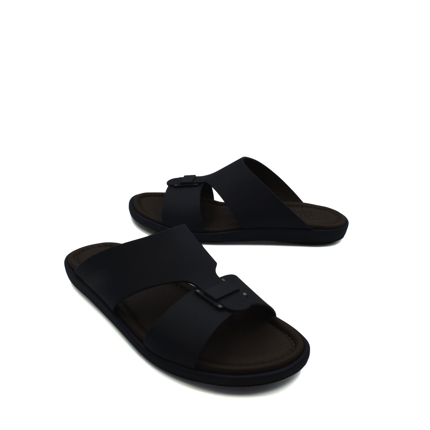 Black slip-on prestige casual footwear with adjustable strap and cushioned sole for comfort