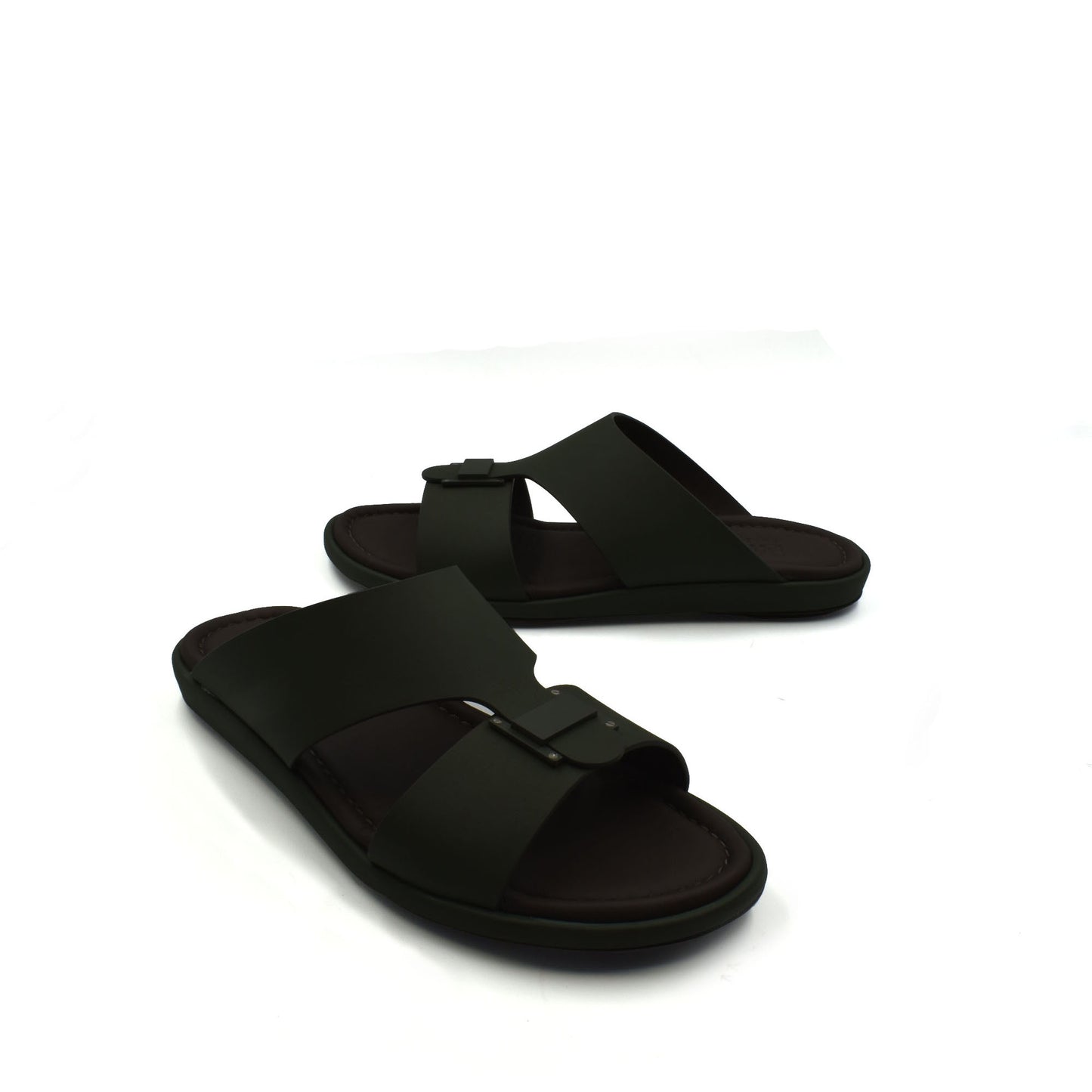 Black slide sandals from Private Collection featuring prestige casual footwear design with buckle straps