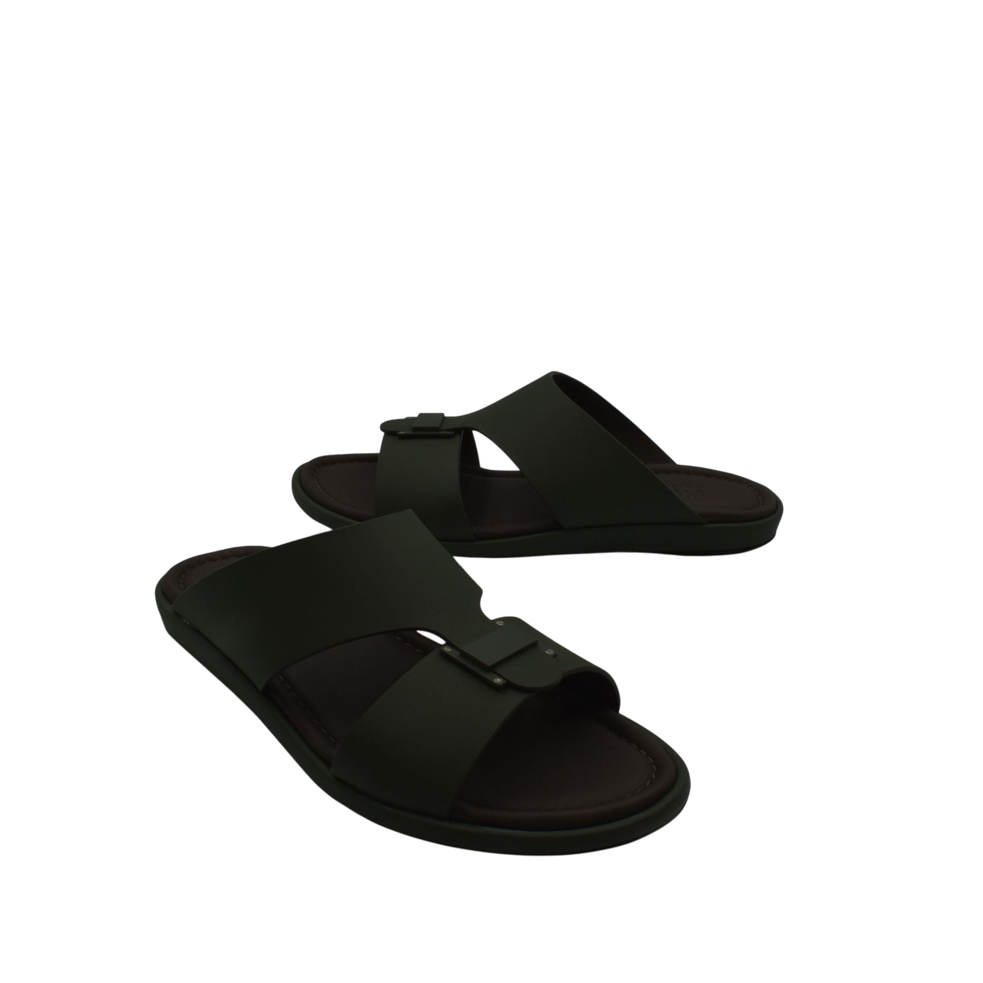 Black slide sandals from Private Collection featuring prestige casual footwear design with buckle straps