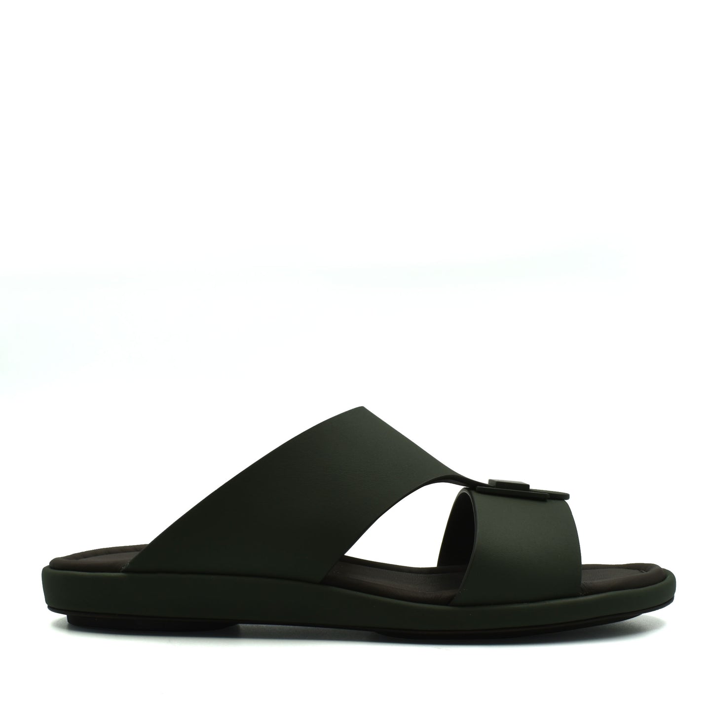 Black slip-on sandal from private collection prestige casual footwear with wide straps and flat sole