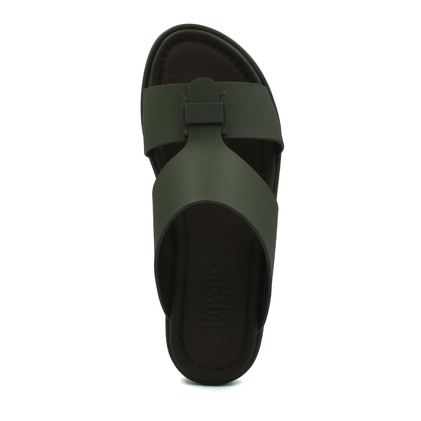 Top view of olive green prestige casual footwear sandal with crisscross straps and cushioned sole