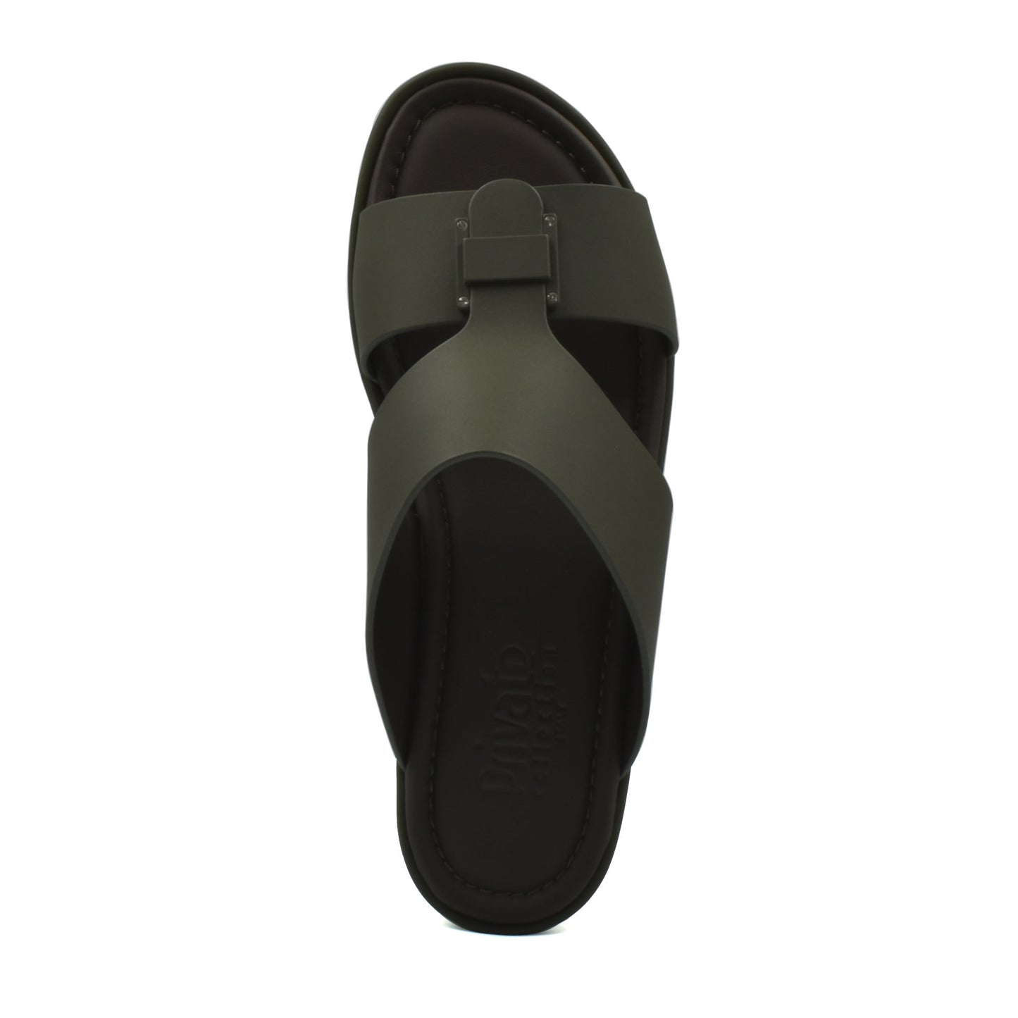 Top view of green prestige casual footwear slide sandal with wide straps and cushioned sole