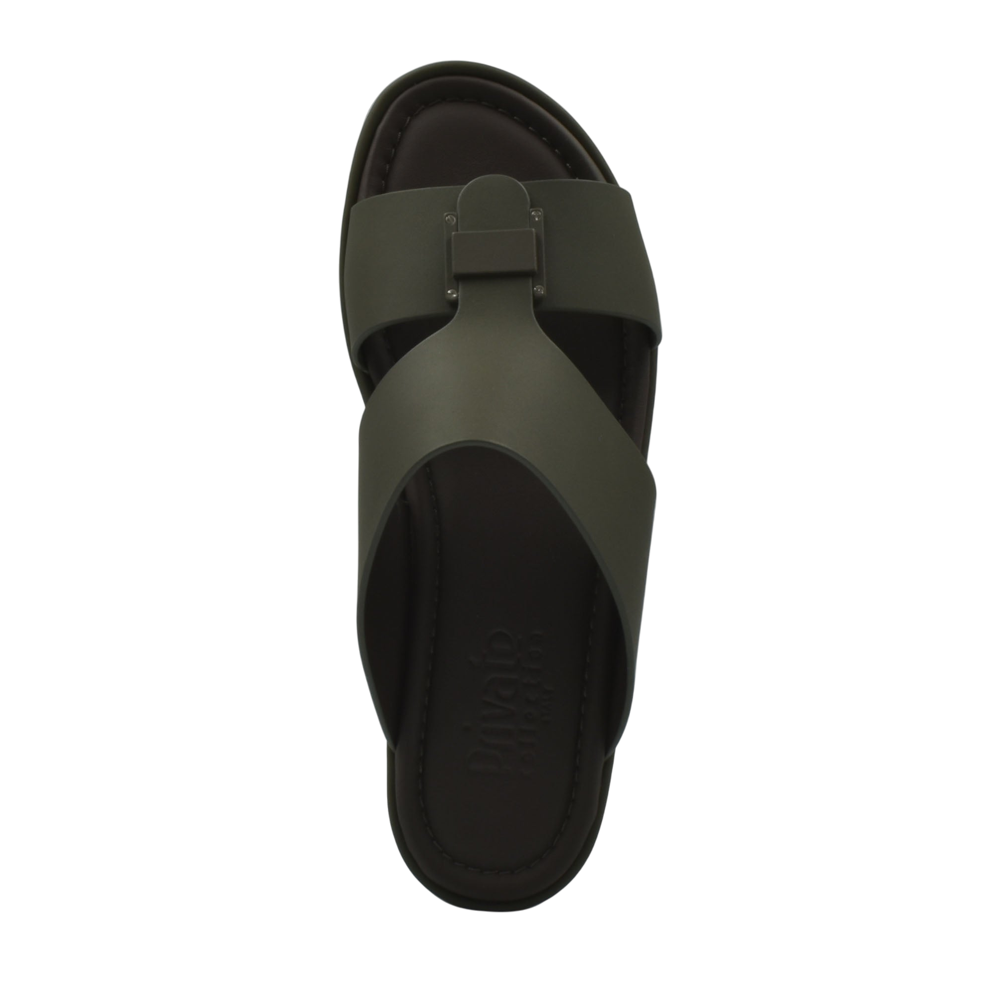 Top view of green prestige casual footwear slide sandal with wide straps and cushioned sole