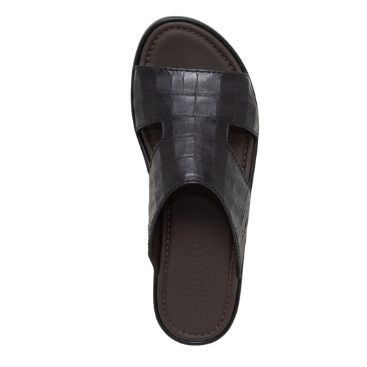 Top view of black prestige croco sandals with textured croc pattern and cushioned sole