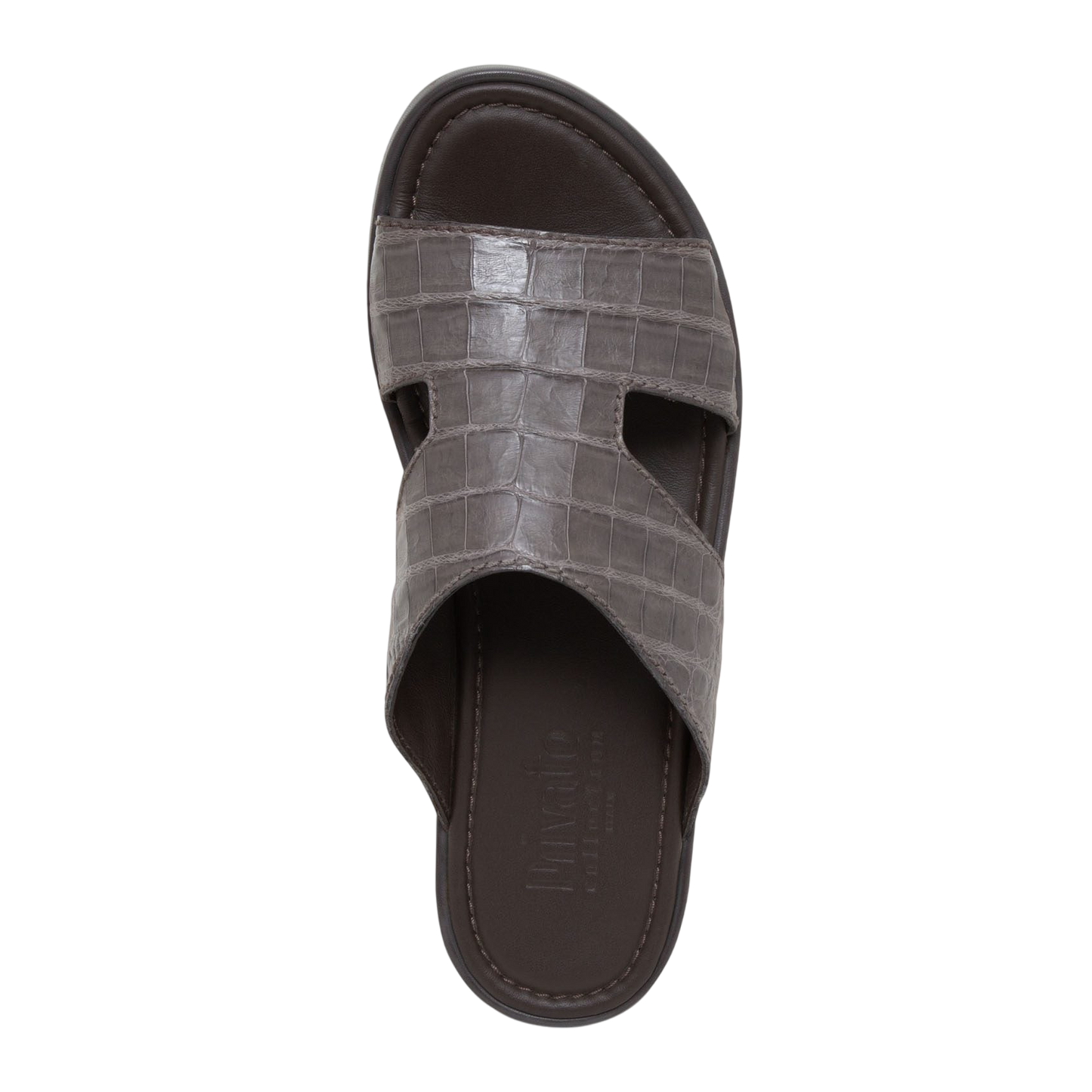 Gray prestige croco sandals with textured crocodile pattern and cushioned footbed for comfort