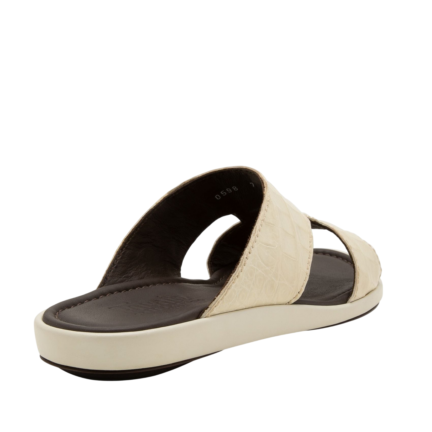 Beige prestige croco sandals with textured straps and black cushioned footbed for comfort