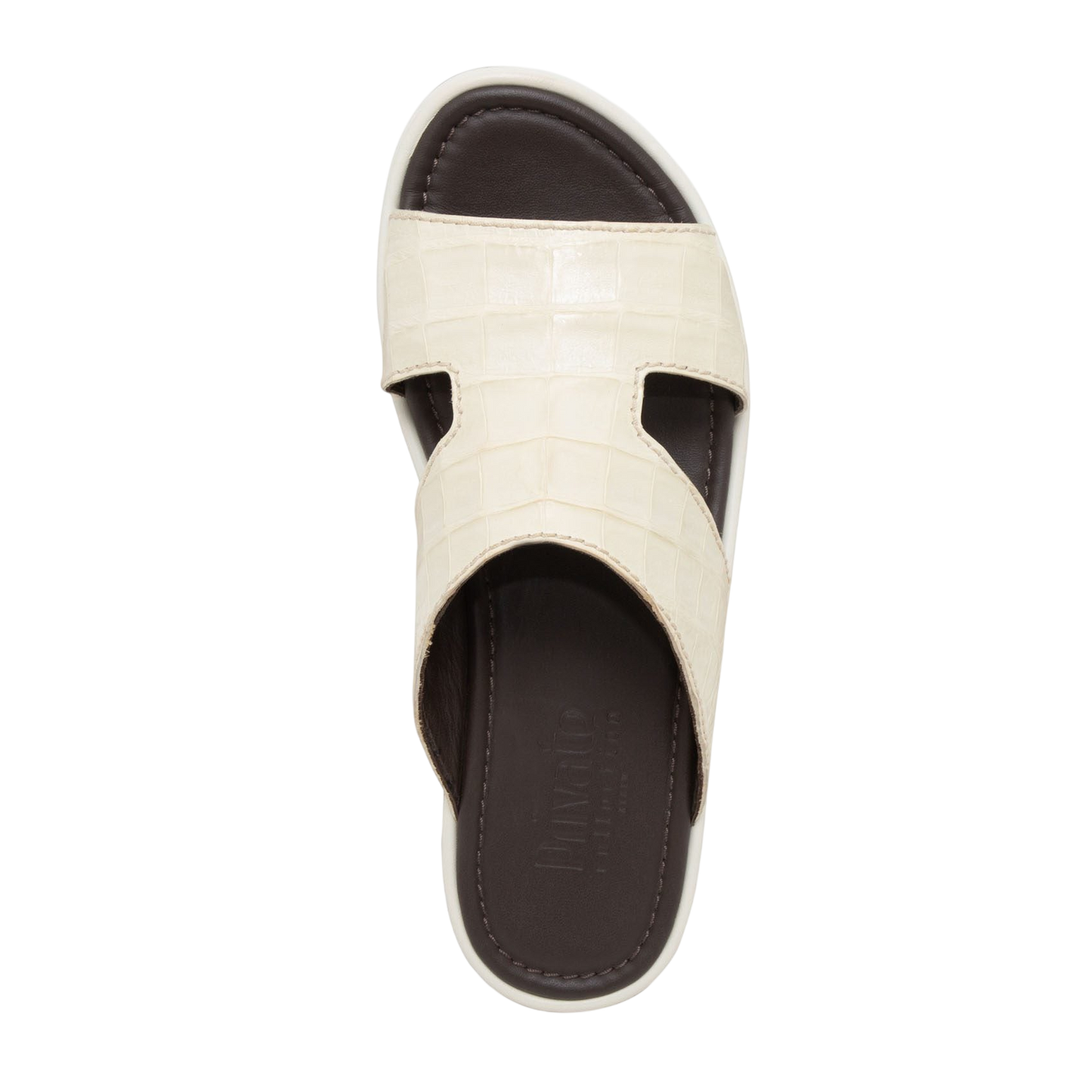 Top view of beige prestige croco sandals with textured straps and cushioned dark brown footbed