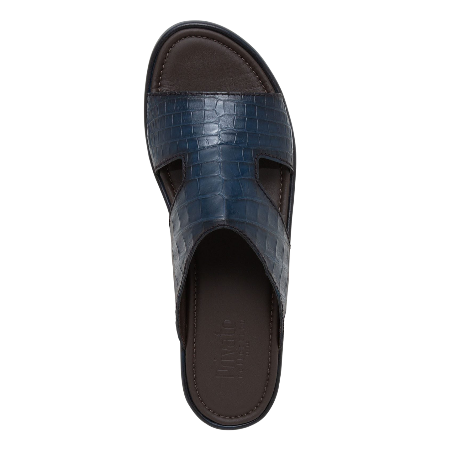 Top view of blue prestige croco sandals with textured croc pattern and cushioned footbed