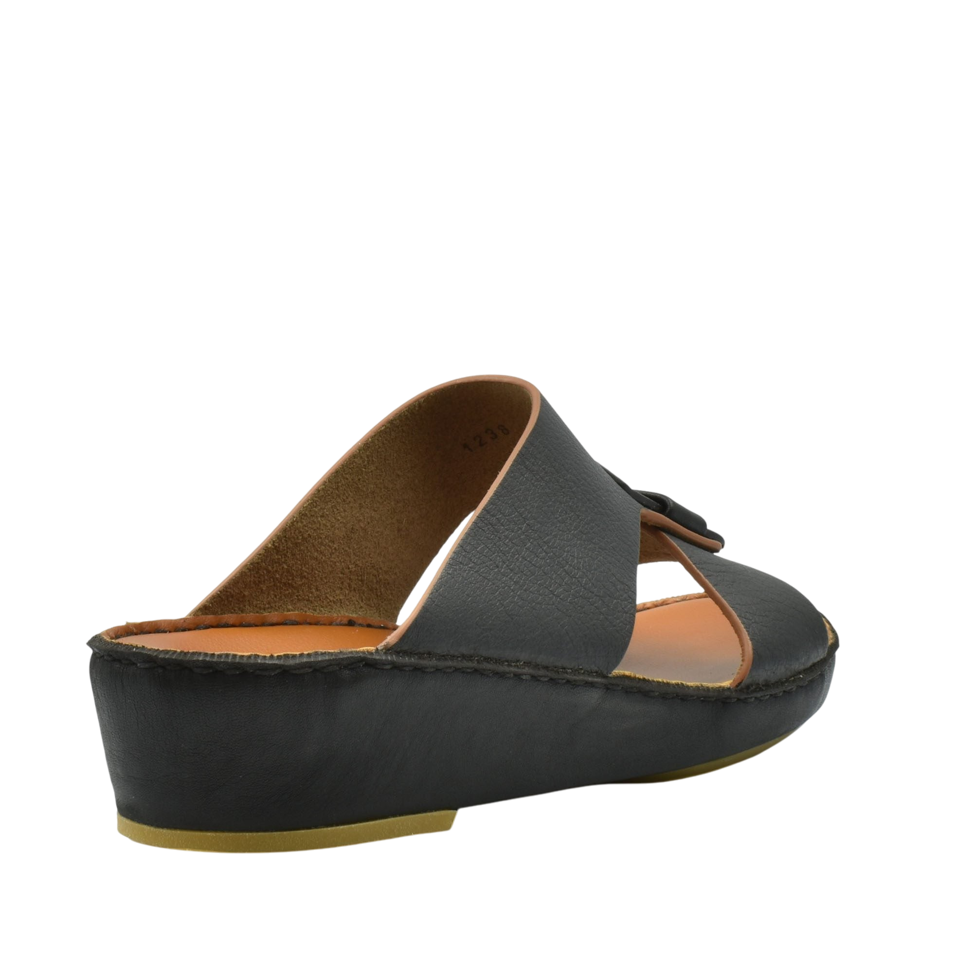 Black open-toe sandal from private collection featuring granulato leather footwear with a cushioned sole