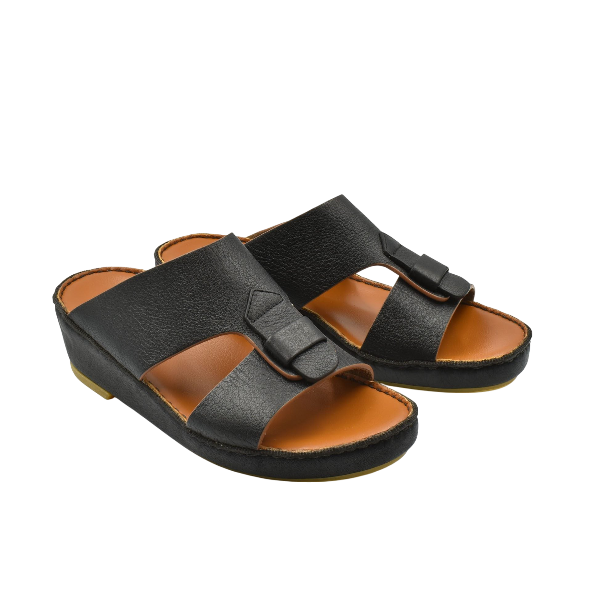 Black granulato leather footwear slip-on sandals with cushioned tan insole and adjustable strap