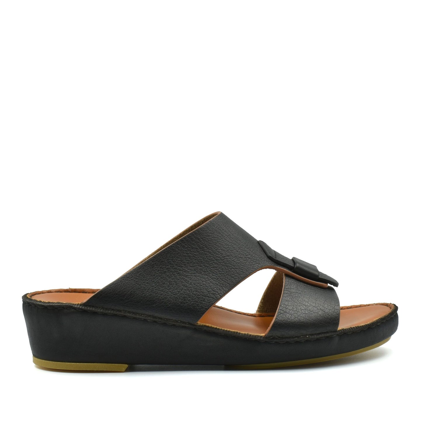 Black granulato leather footwear slide sandal with cushioned sole and adjustable strap