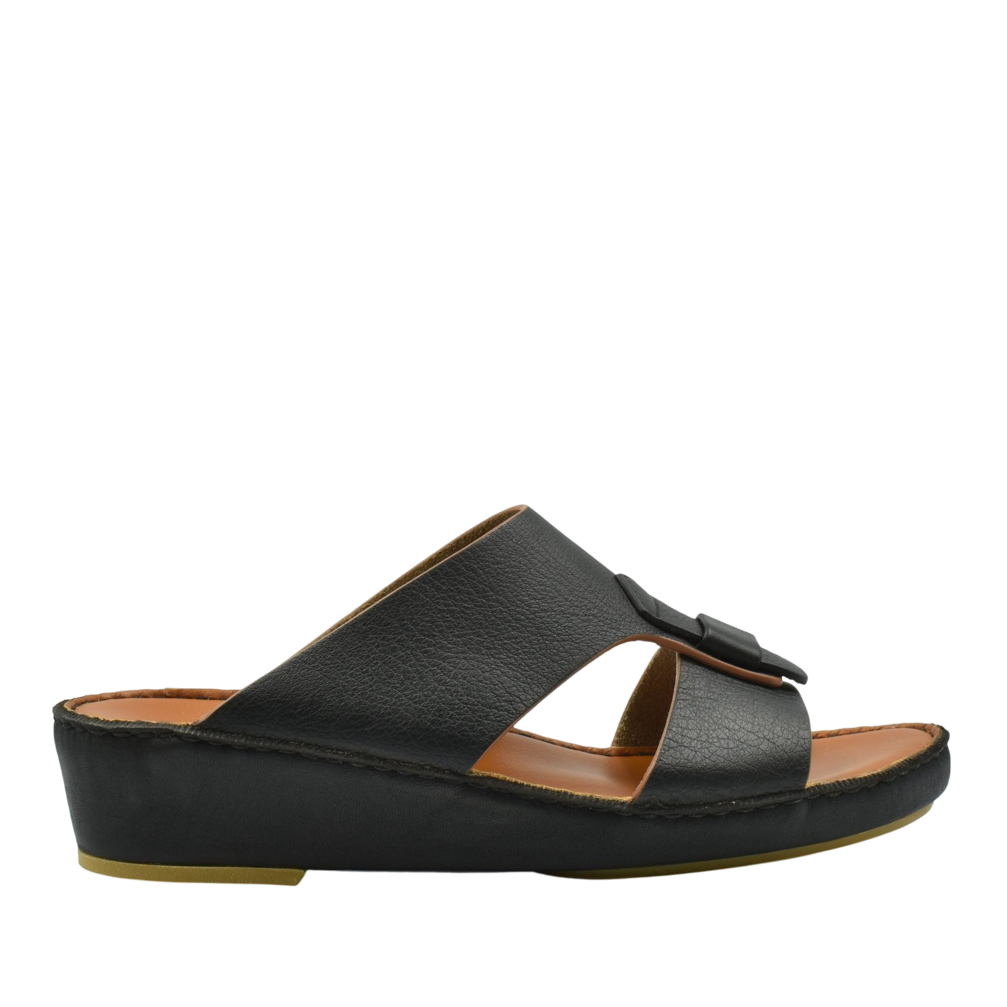 Black granulato leather footwear slide sandal with cushioned sole and adjustable strap