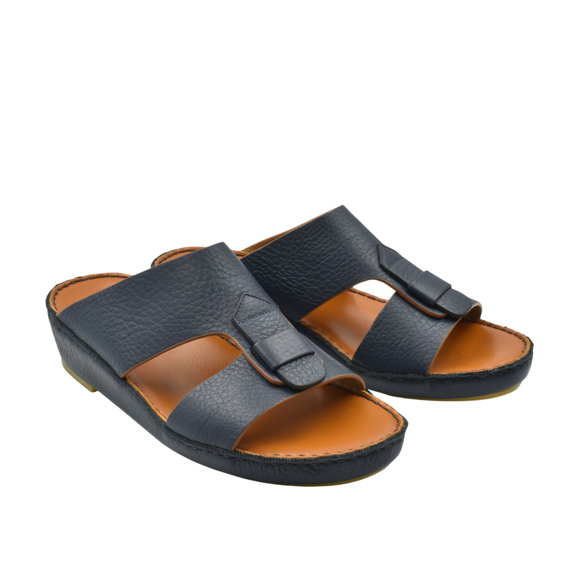 Black granulato leather footwear slide sandals with adjustable straps and tan cushioned insoles