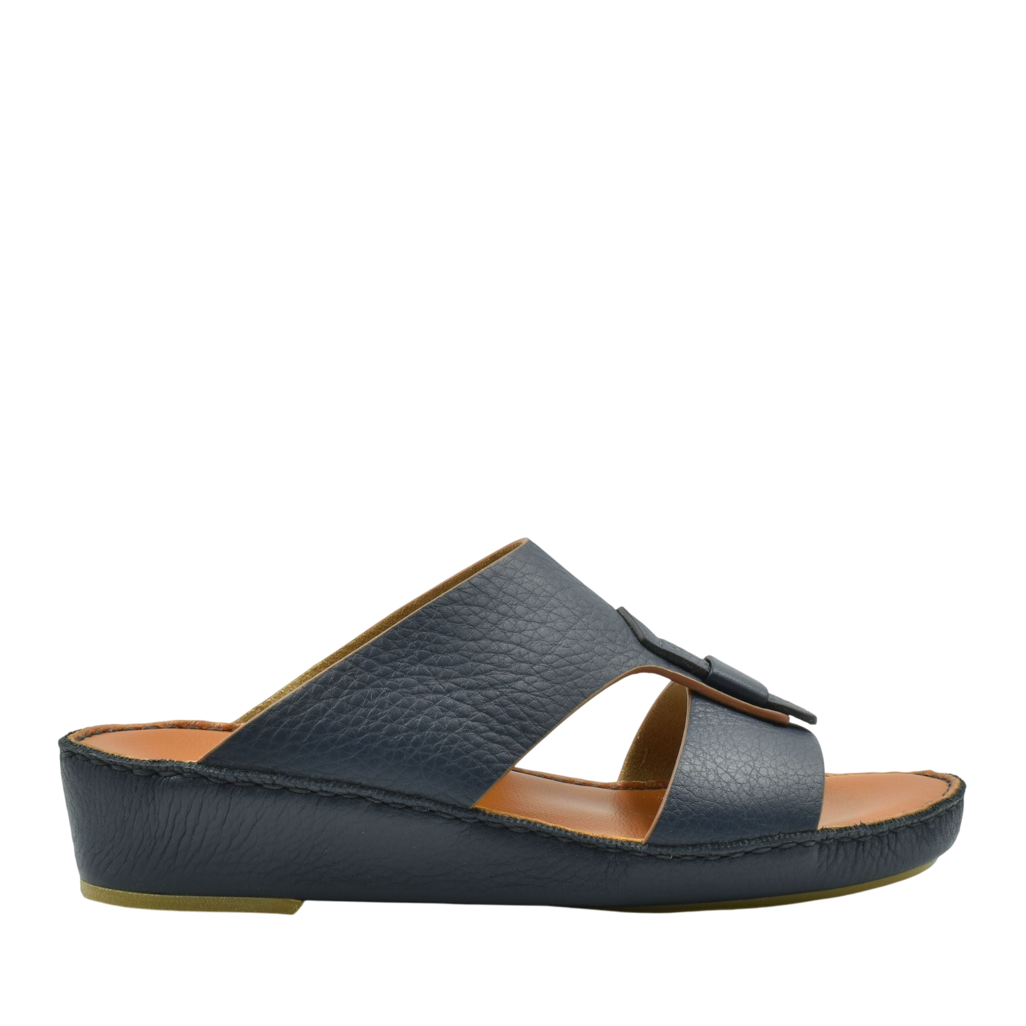 Black granulato leather footwear slide sandal with open toe and adjustable strap in side view
