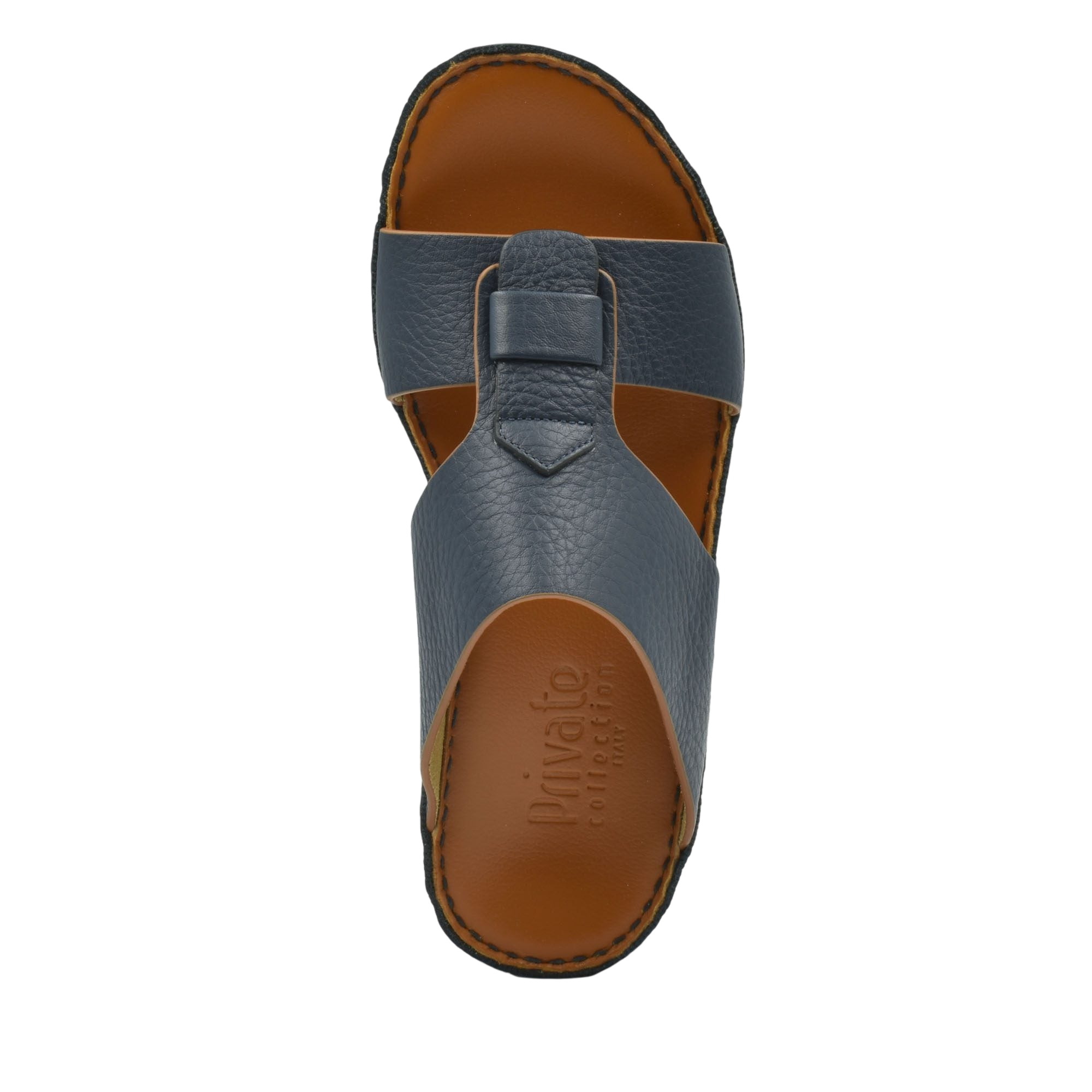 Top view of blue granulato leather footwear slide sandal with brown footbed from Private collection