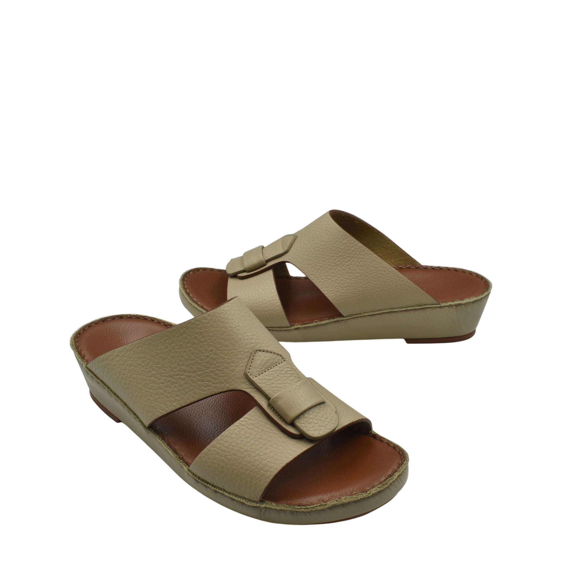 Beige granulato leather footwear slide sandals with adjustable buckle straps and brown insoles