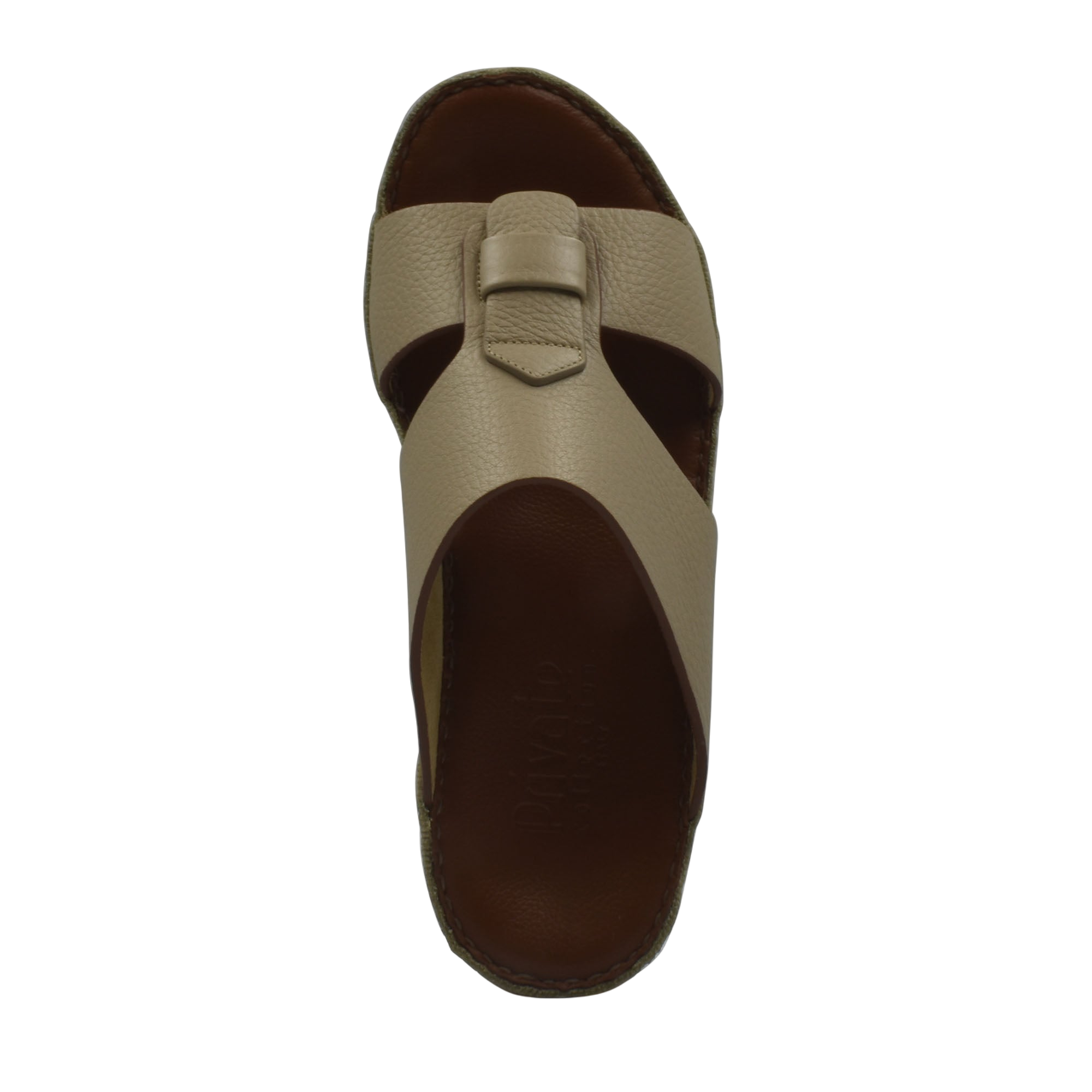 Top view of beige granulato leather footwear slide sandal with brown sole from private collection