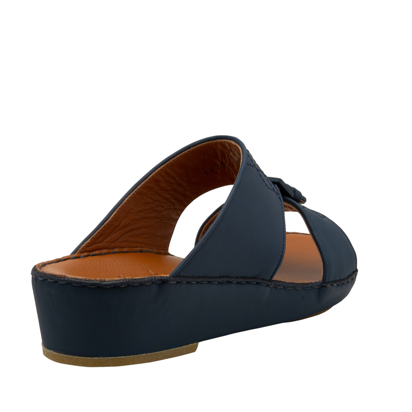 Navy blue Italian Leather Sandals with cushioned tan footbed and wedge sole in side view