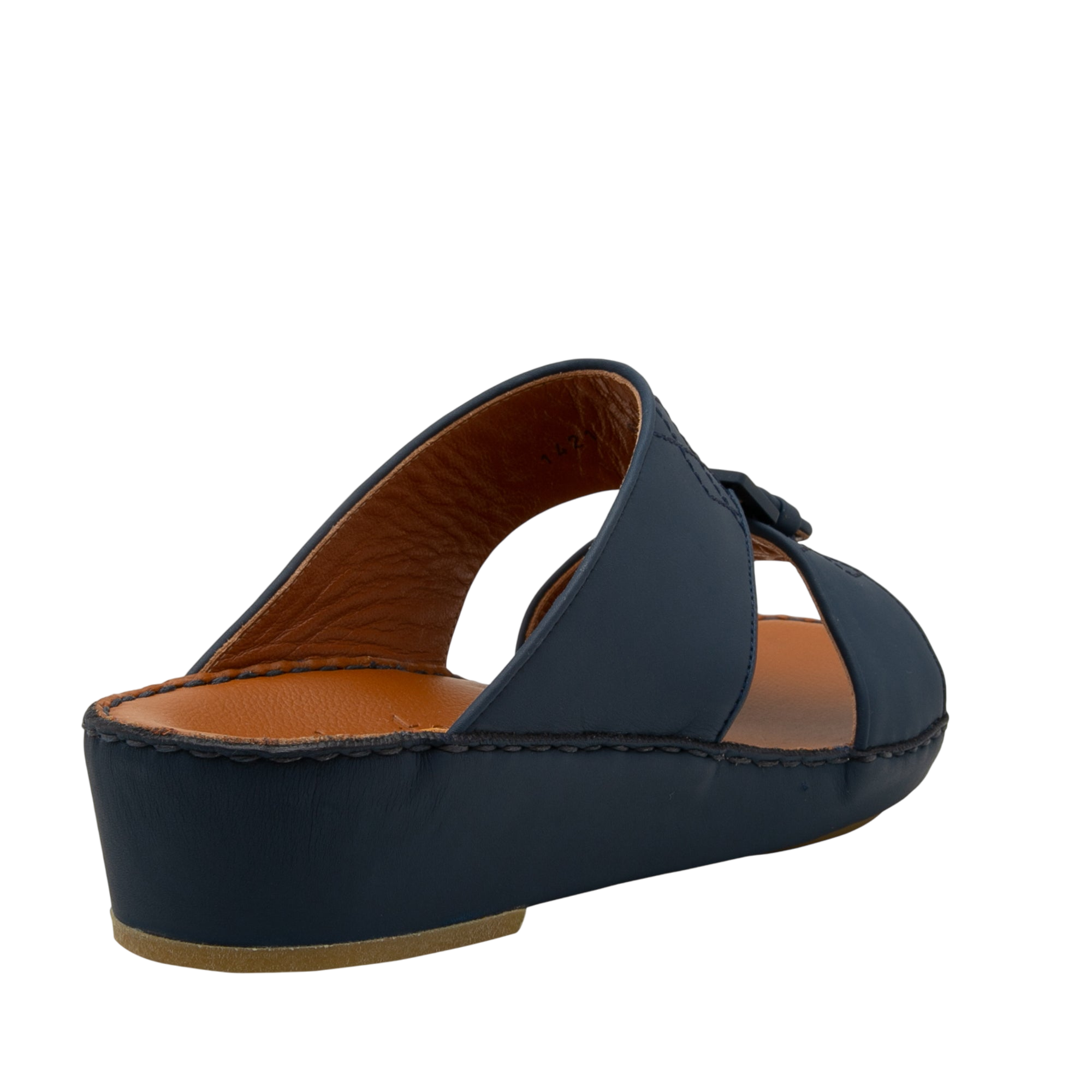 Navy blue Italian Leather Sandals with cushioned tan footbed and wedge sole in side view