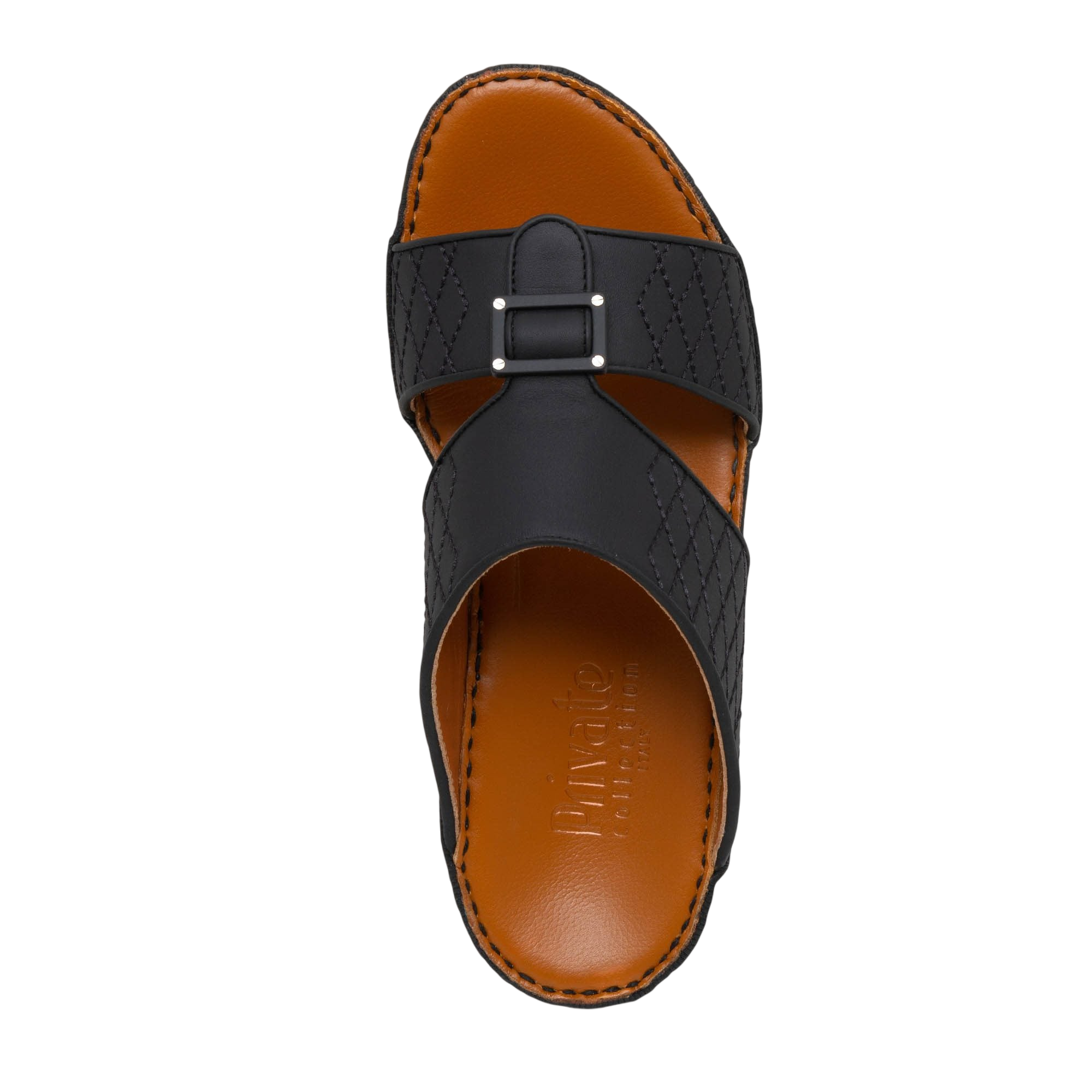 Black luxury calf leather sandals with stitched straps and cushioned brown footbed from Private collection