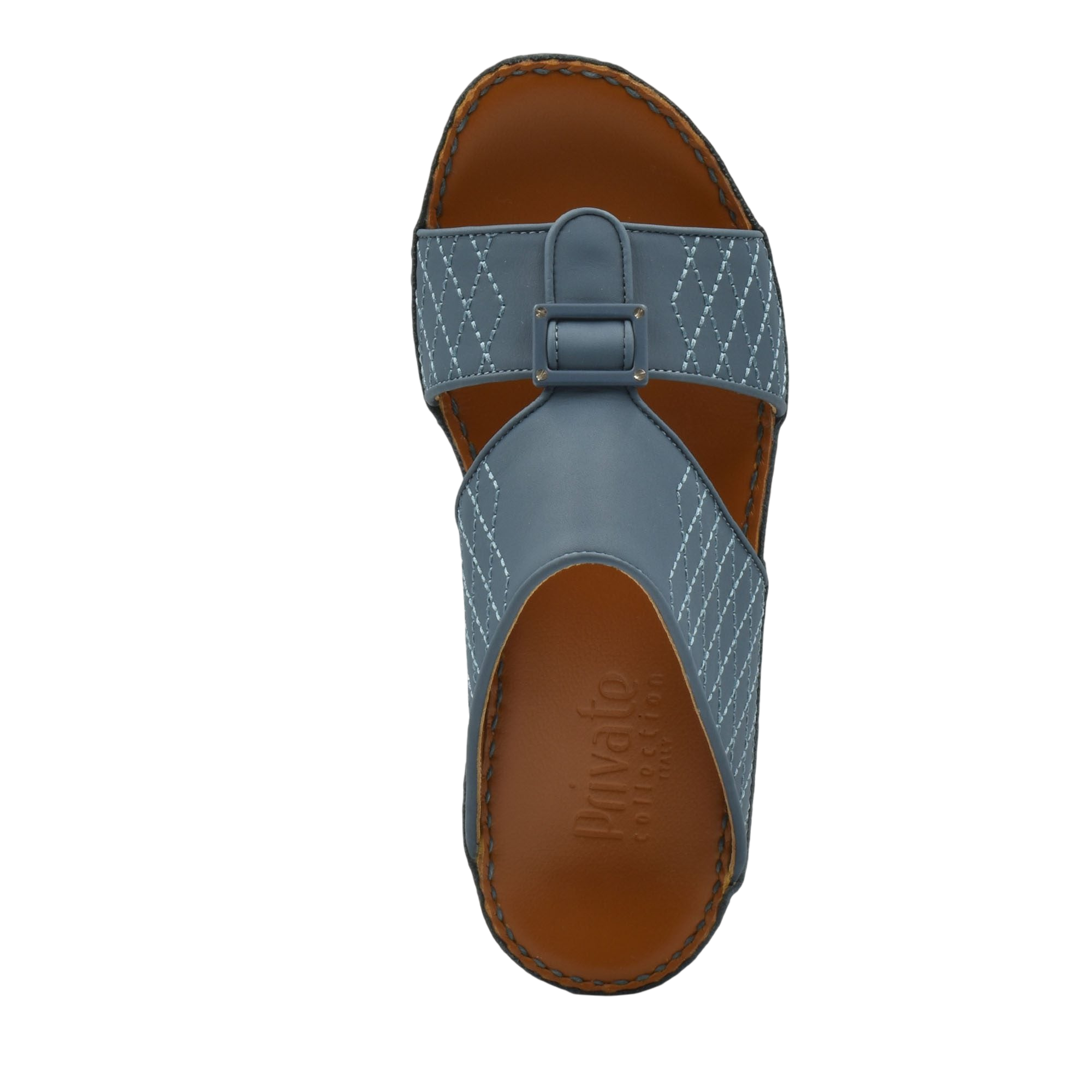 Top view of luxury calf leather sandals in blue with stitched design and brown insole