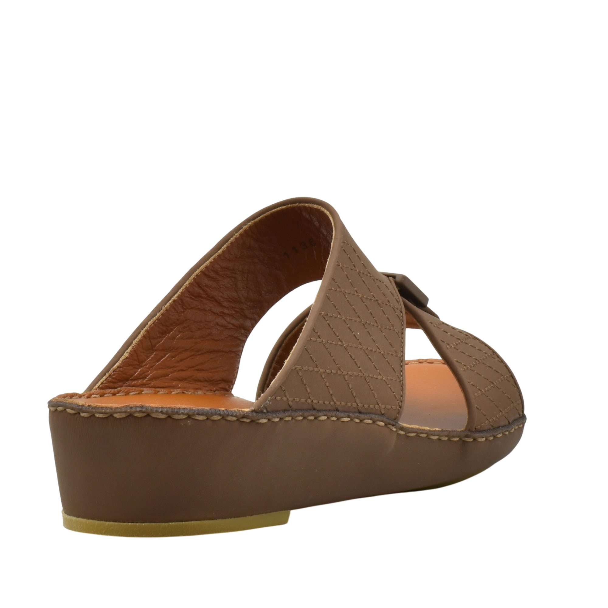 Side view of brown luxury calf leather sandals with cushioned sole and quilted strap design
