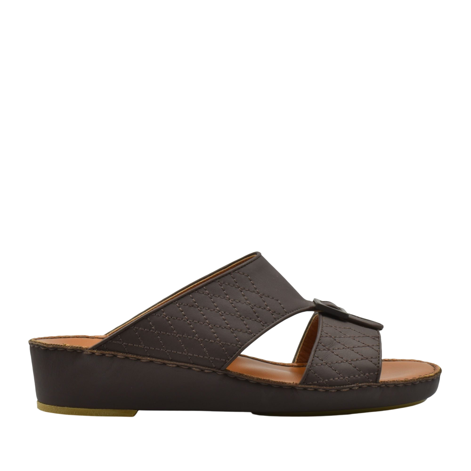 Dark brown luxury calf leather sandals with quilted straps and low wedge heel from private collection