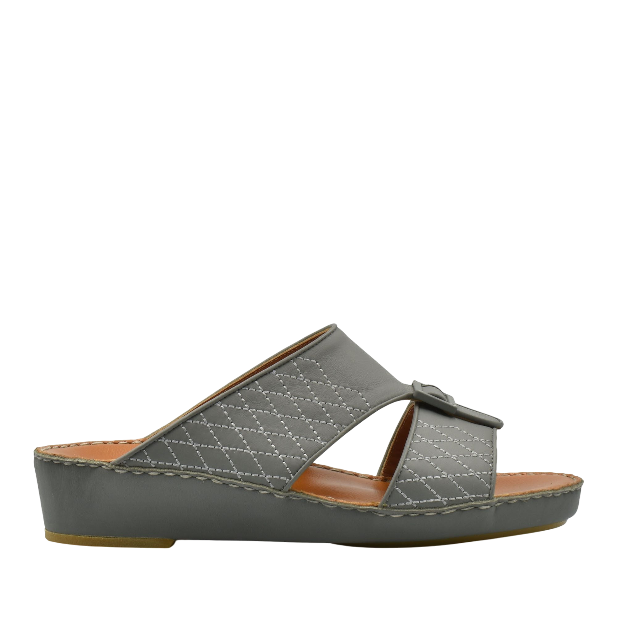 Gray luxury calf leather sandals with quilted stitching and adjustable buckle on wedge sole